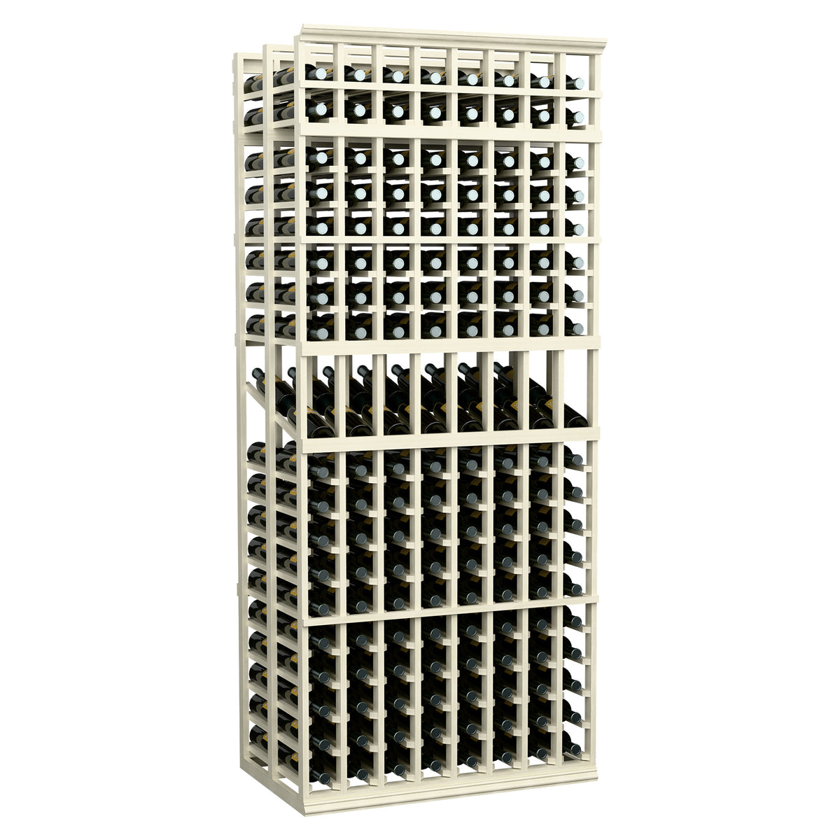 8-column double-deep wine rack with light grey frame holding wine bottles in rows
