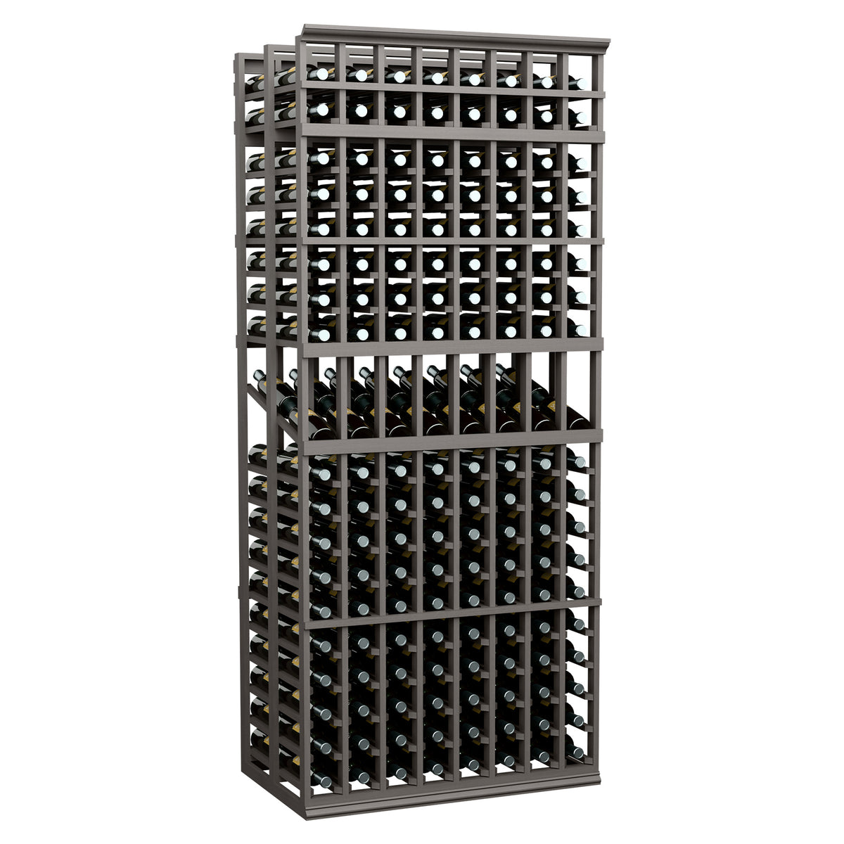 Black double-deep wine display rack with 8 columns, 7 ft tall