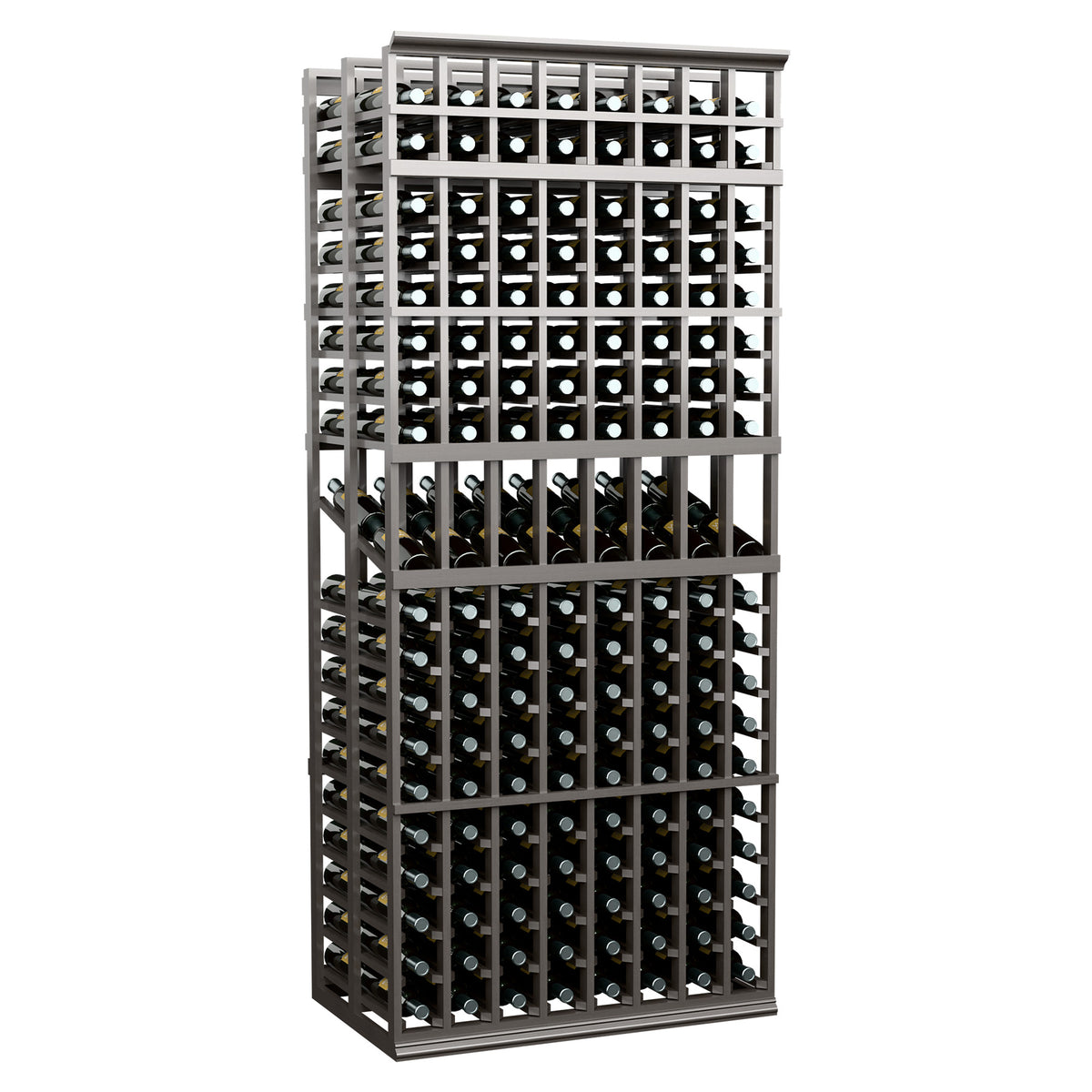 Black double-deep wine display rack with bottle slots, 8 columns, 7 ft tall