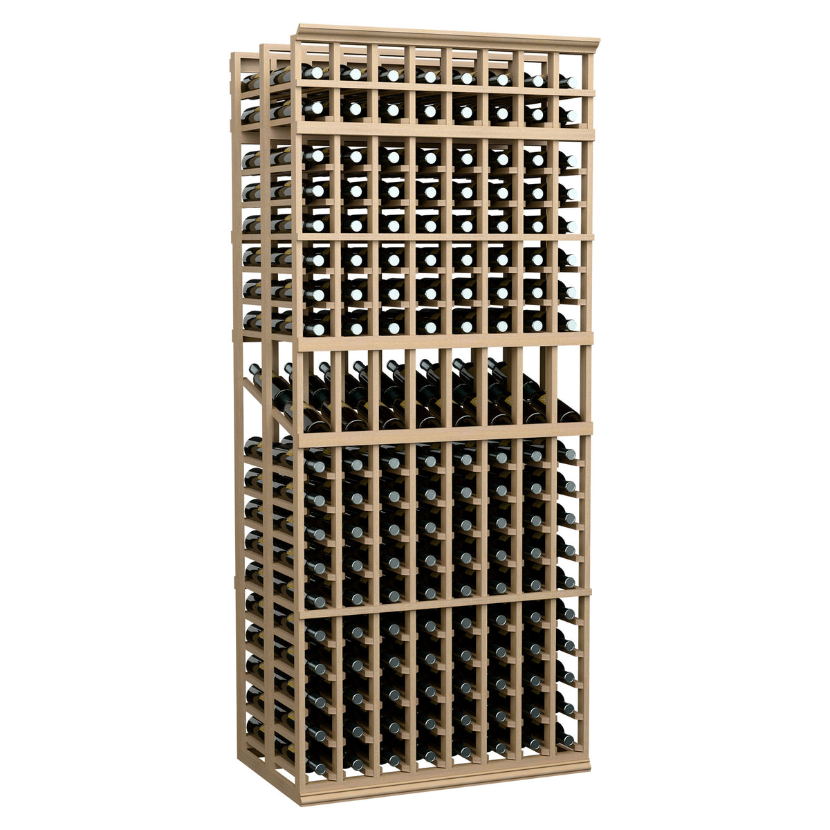 Light wood-tone double-deep wine display rack with 8 columns, 7 ft tall