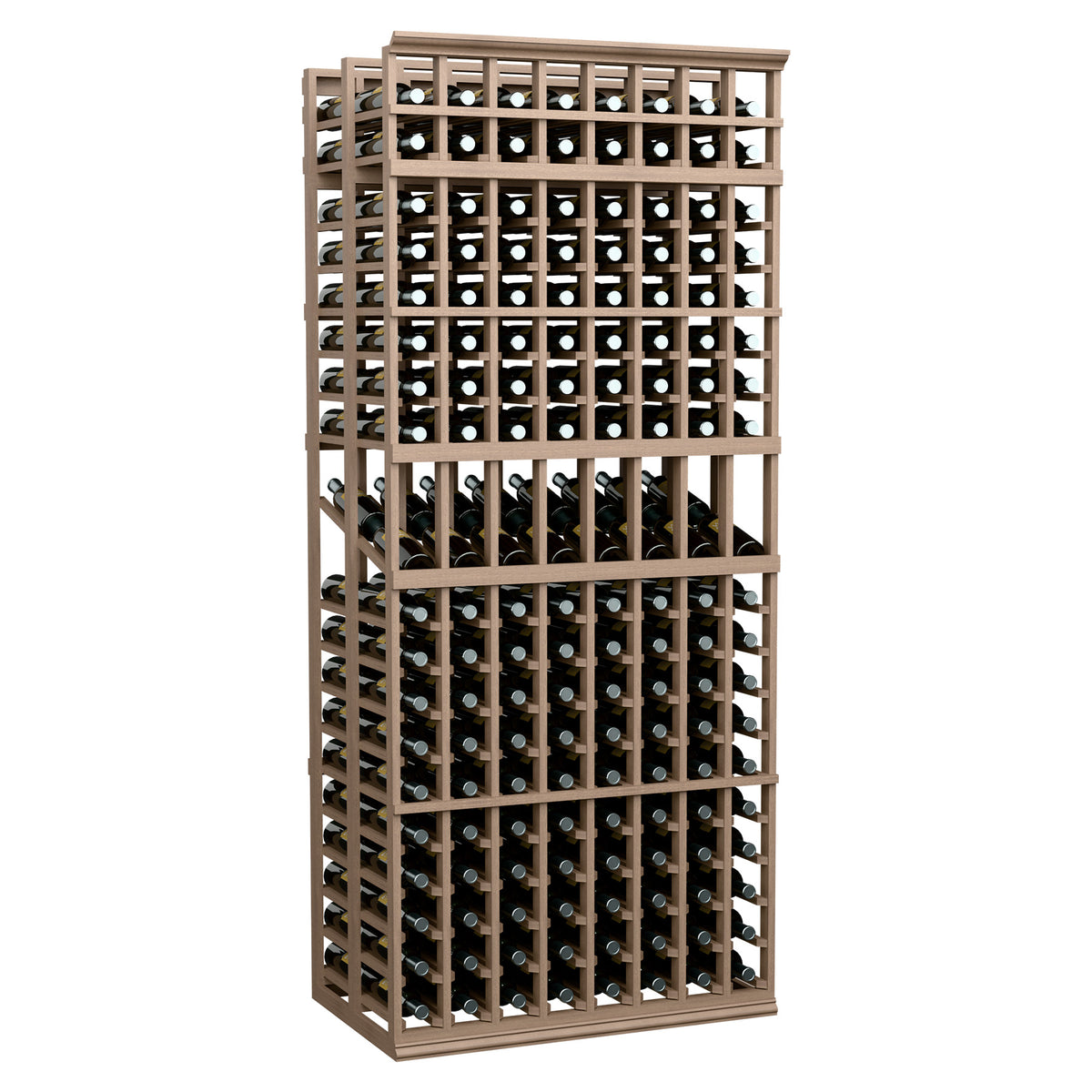 Light wood-tone double-deep wine rack with bottle slots, 8 columns, 7 ft tall