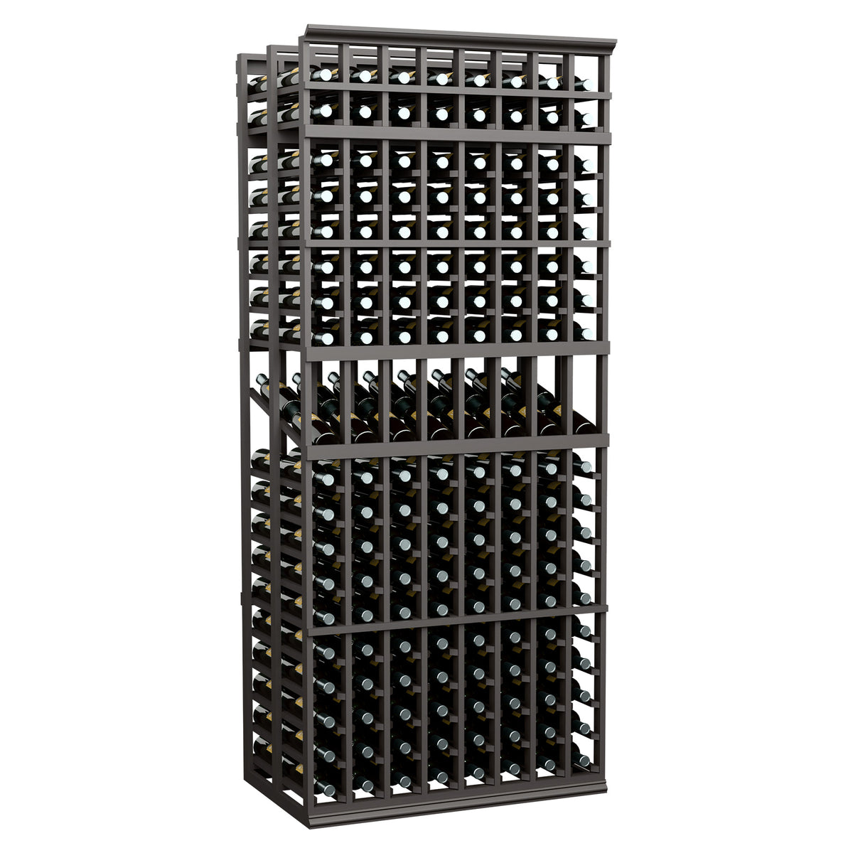 Black double-deep wine display rack with 8 columns, bottle slots, 7 ft tall