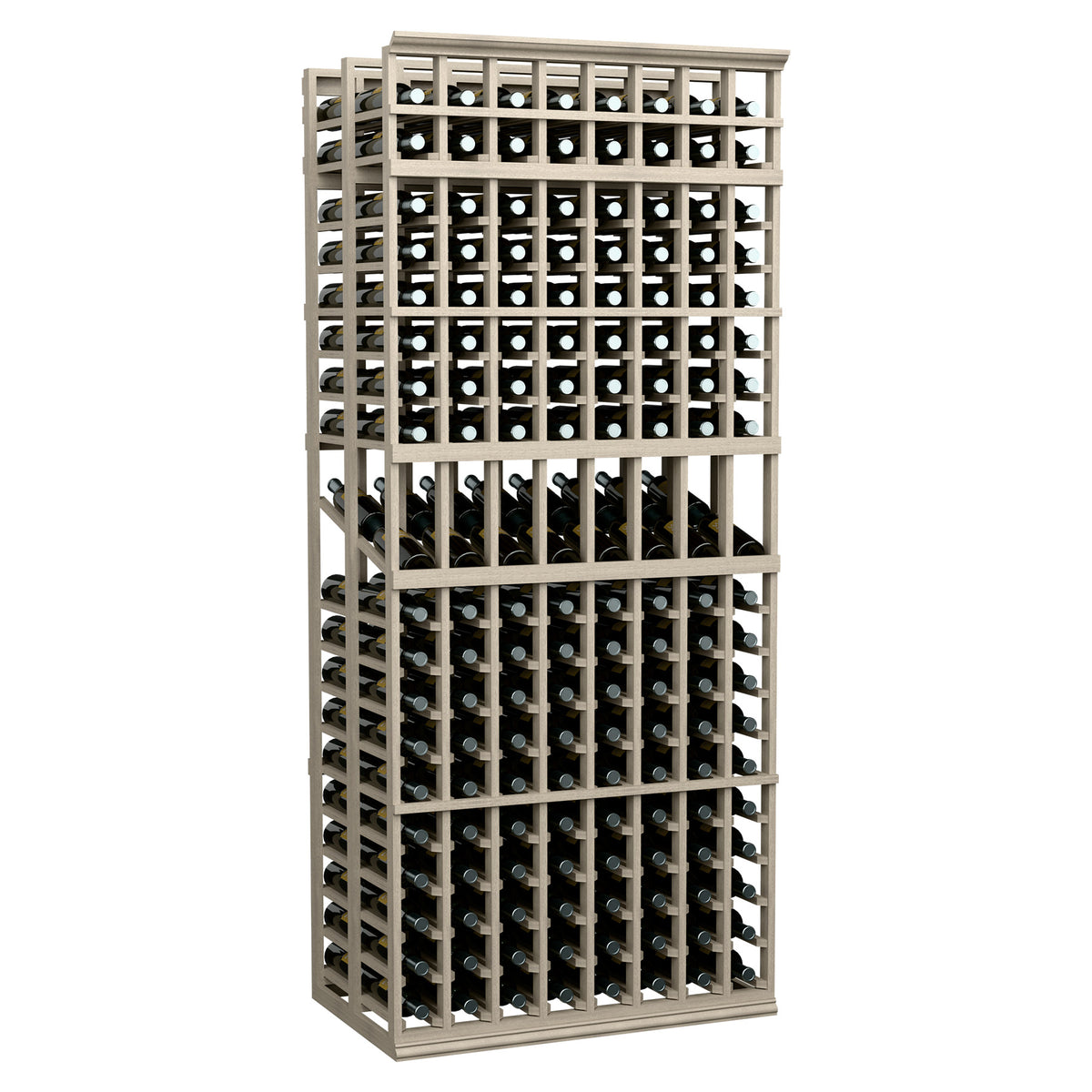 Light wood wine bottle display rack with open front grid and black bottles