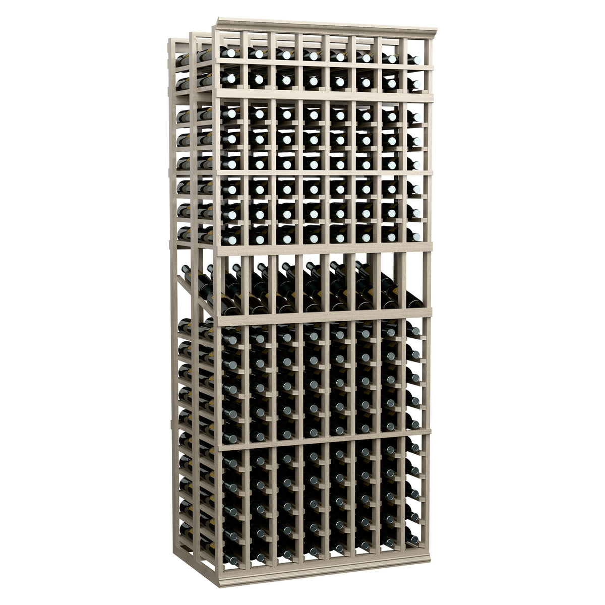 Light gray wood wine bottle display rack with open grid shelves and black bottles