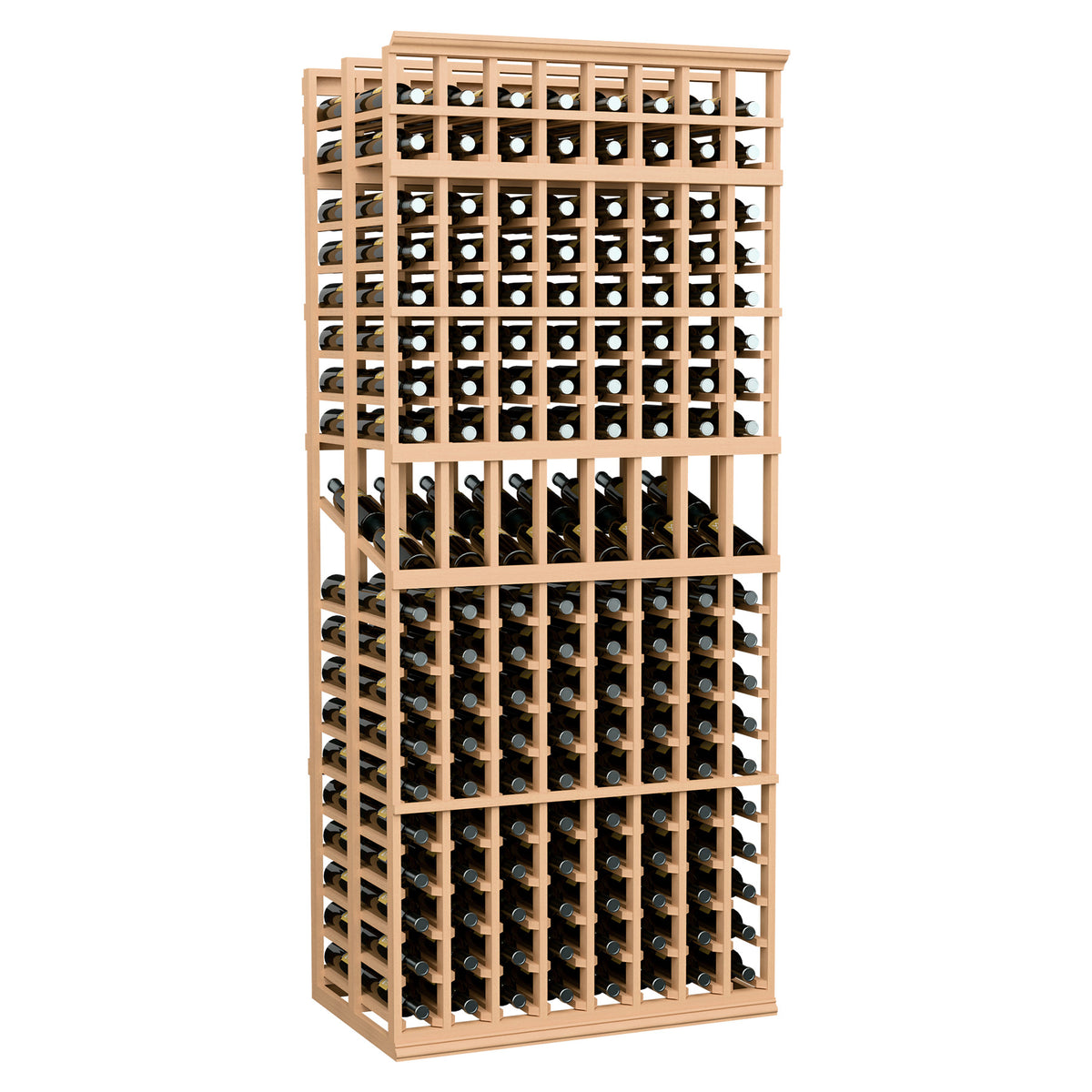 Natural wood wine bottle display rack with open front grid and black bottles