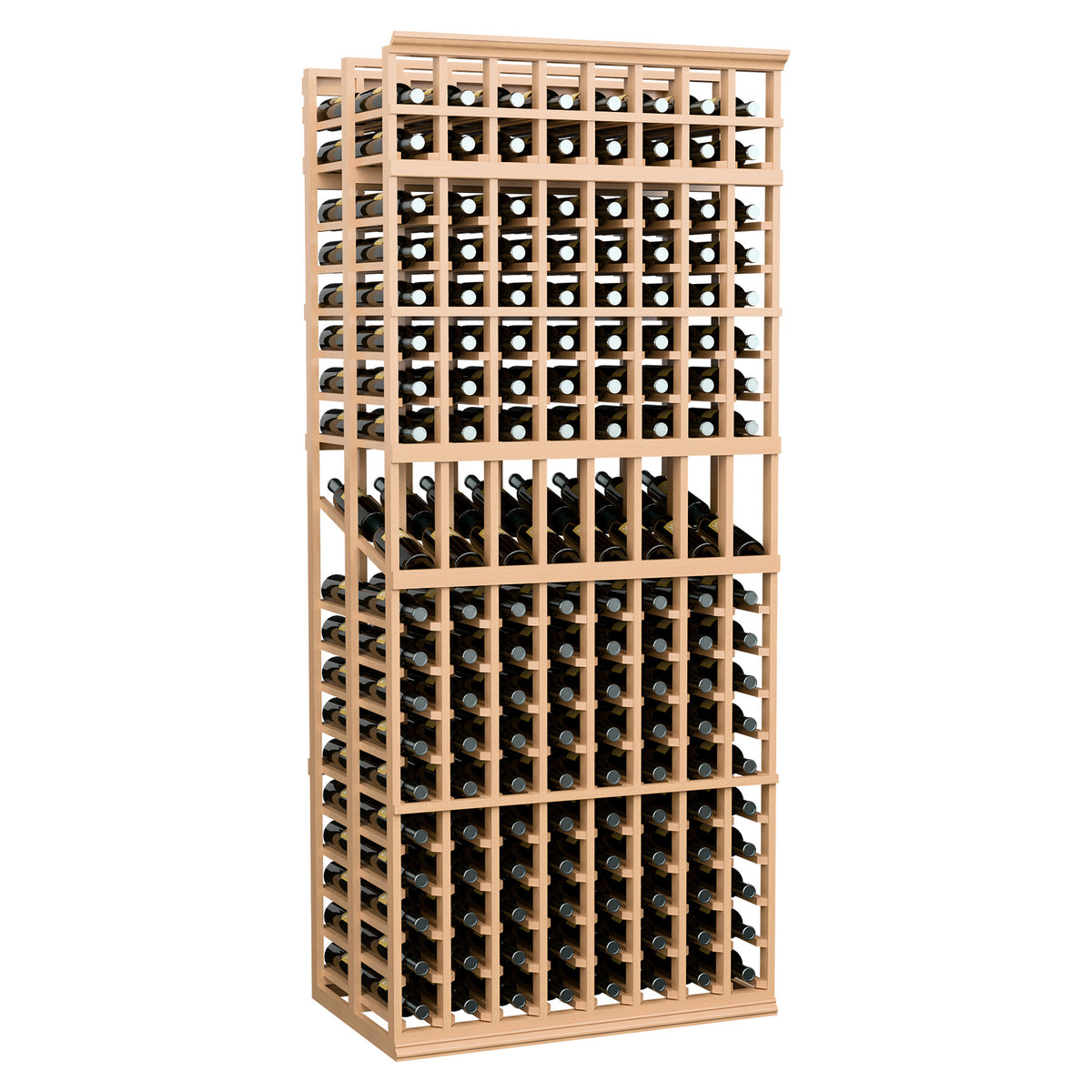 Warm natural wine bottle display rack with open grid shelves and black bottles