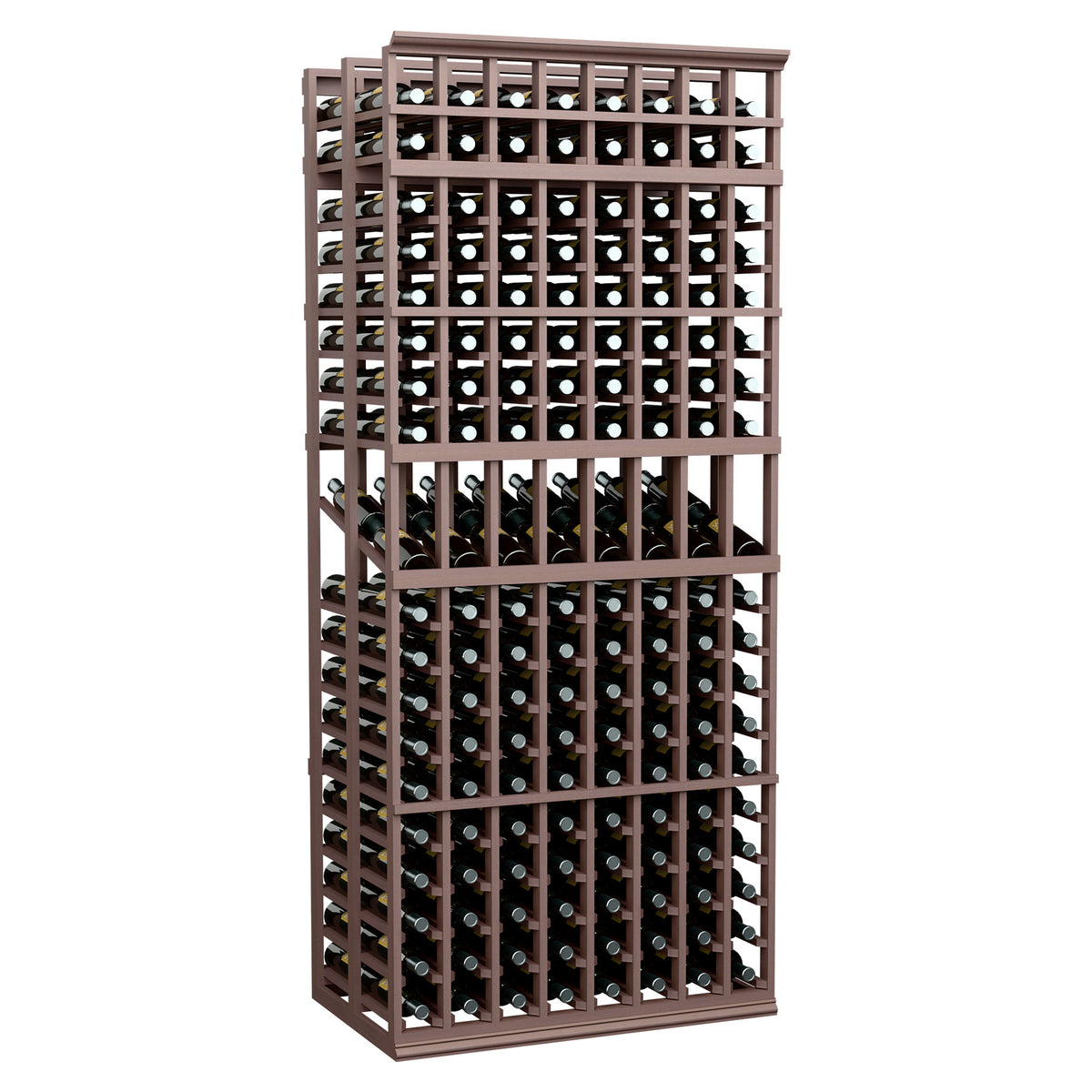 Dark stained wine bottle display rack with open front grid and black bottles