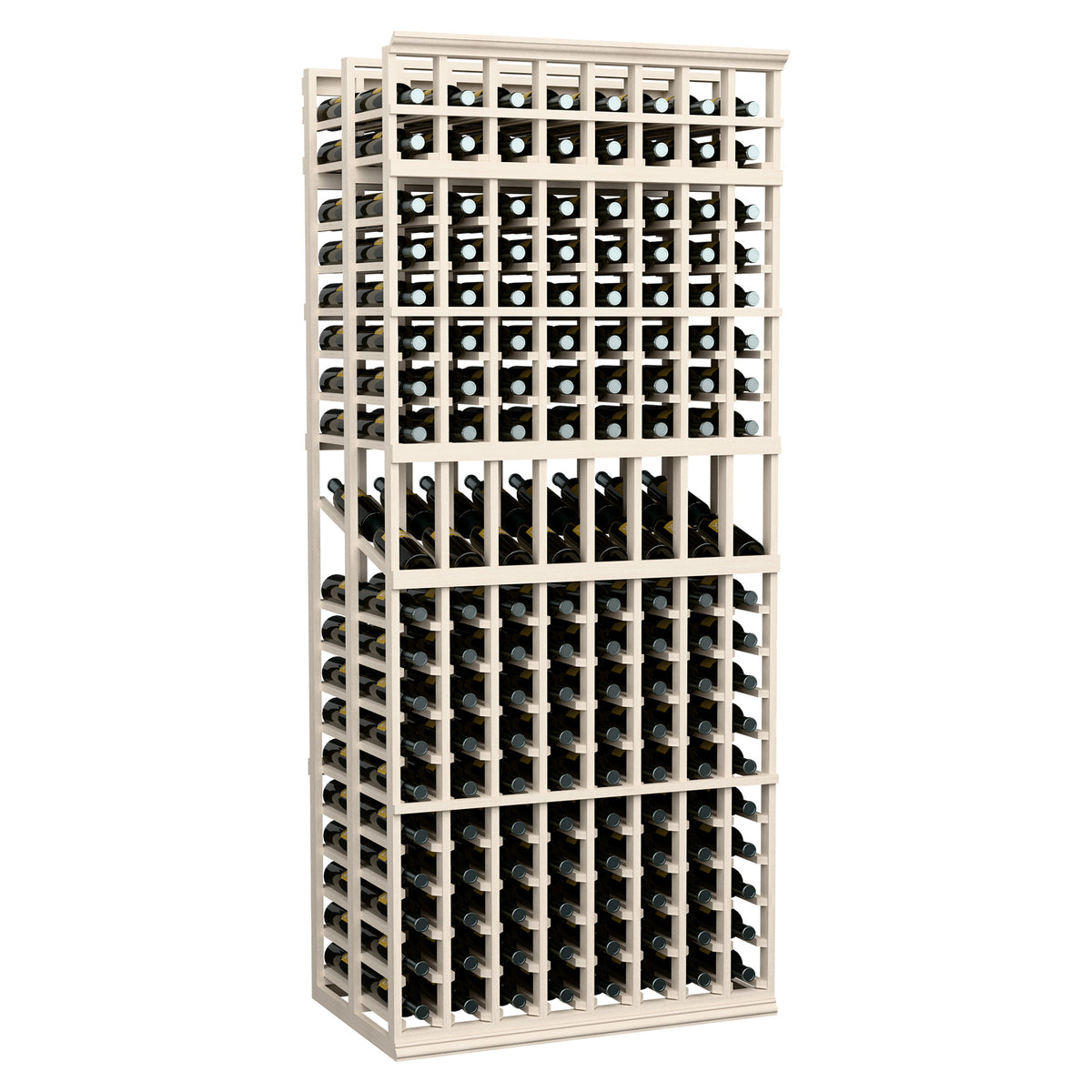 Whitewashed wood wine bottle display rack with open front grid and black bottles