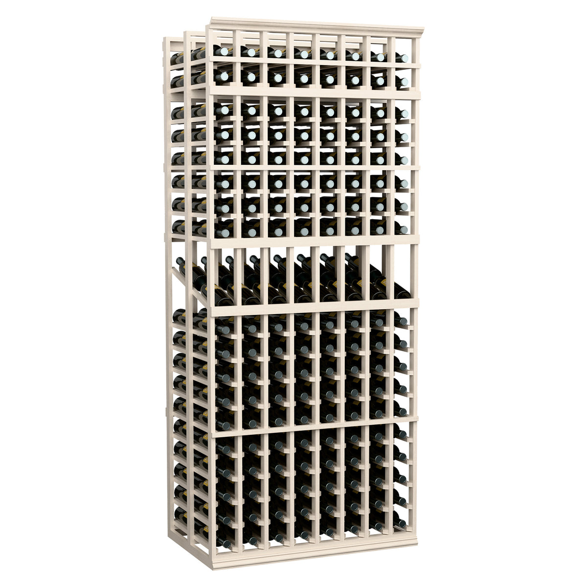 White wood wine bottle display rack with open front grid shelves and black bottles