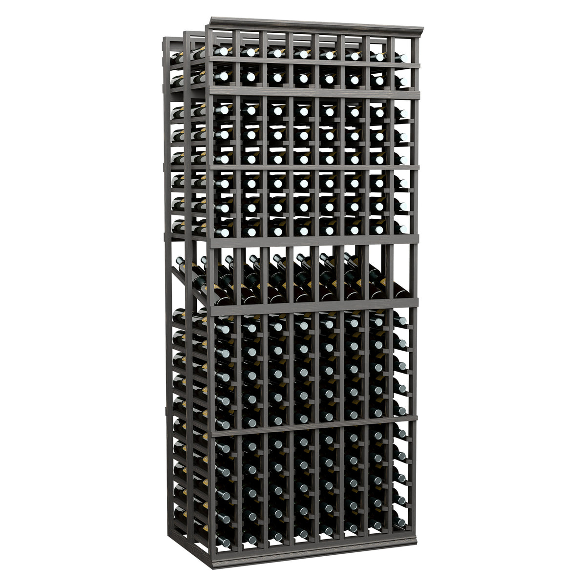 8-column double-deep wine display rack with black metal frame and bottle slots