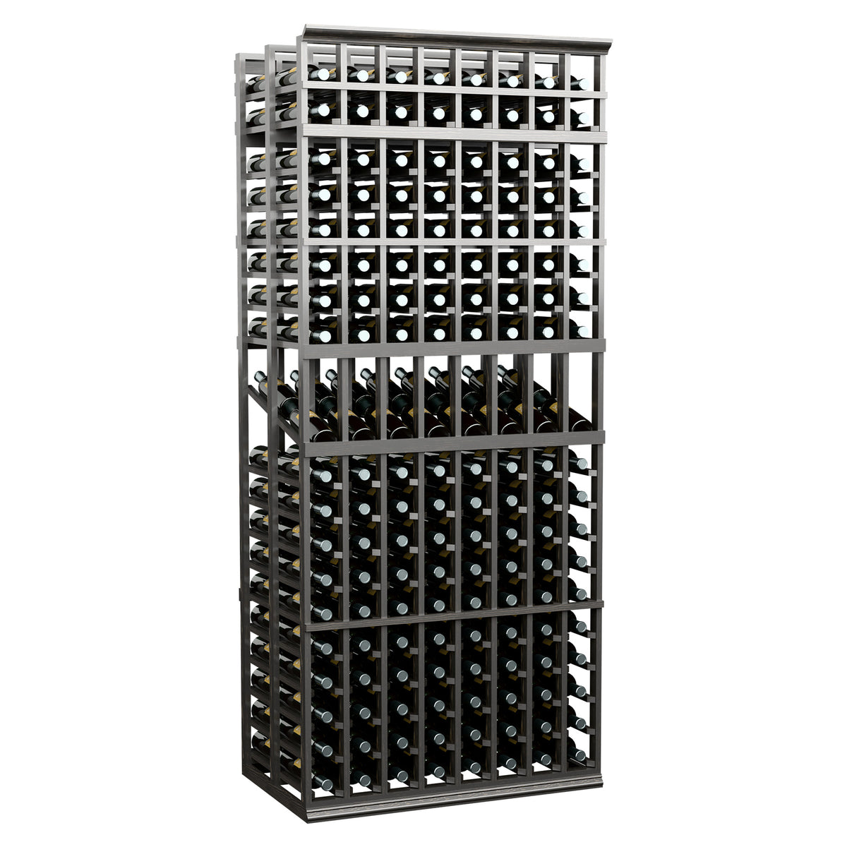 8-column double-deep wine display rack with black metal frame and full bottle grid