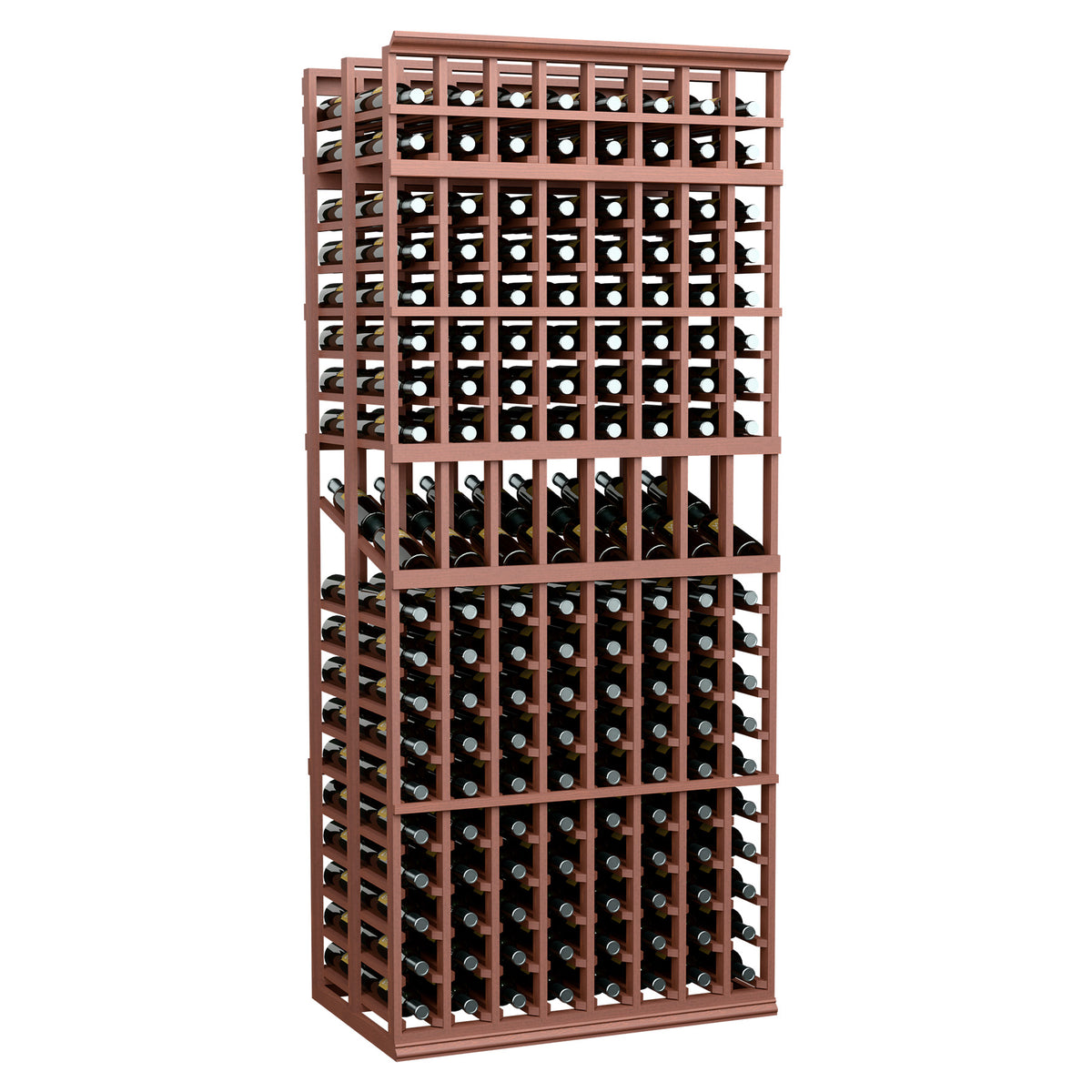 8-column double-deep wine display rack with dark wood frame and bottle slots