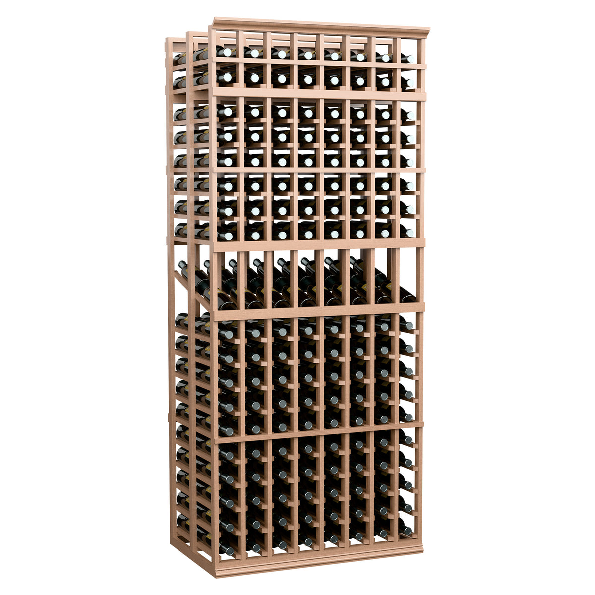 8-column double-deep wine display rack with light wood frame and stacked bottle rows