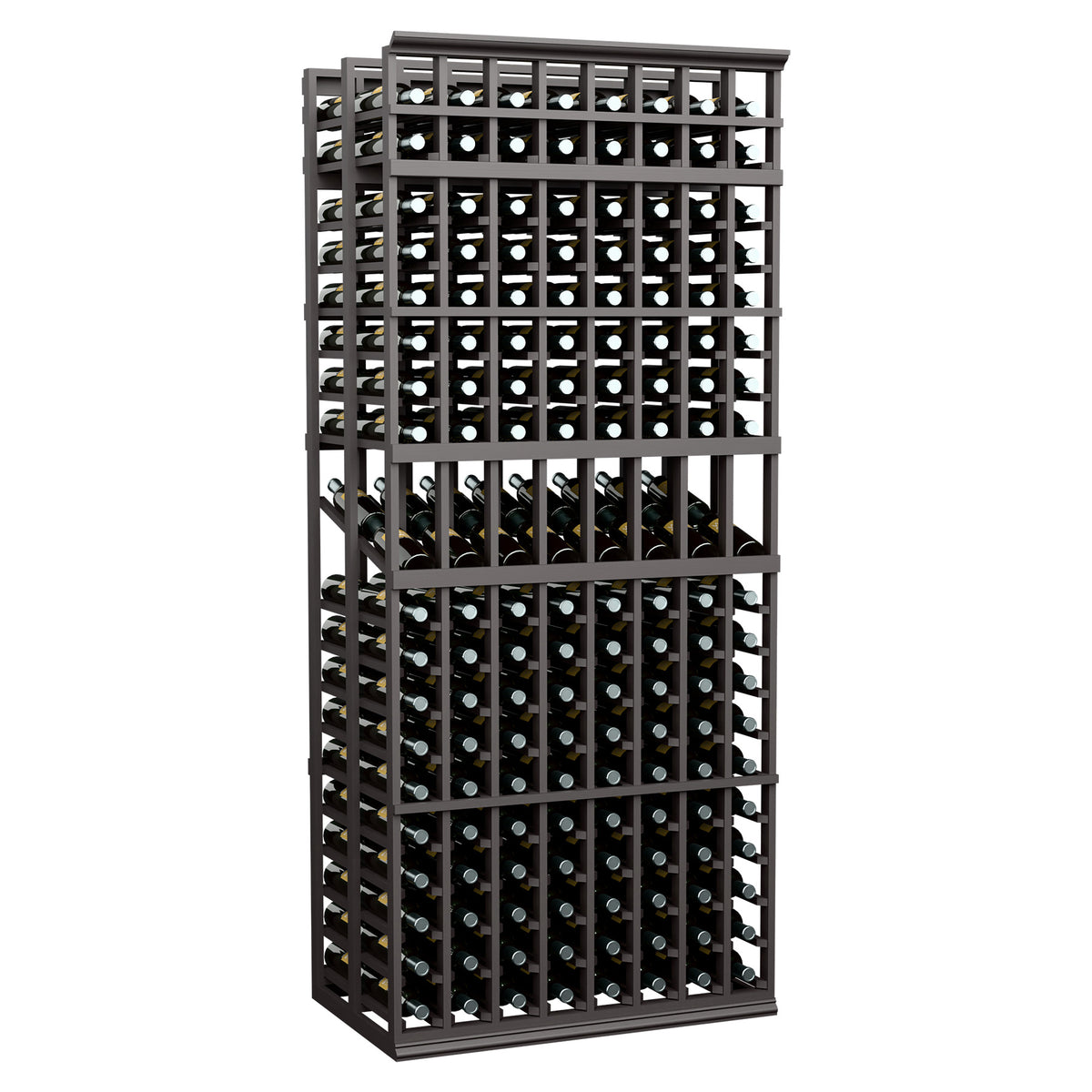 8-column double-deep wine display rack with black metal frame and front wine slots