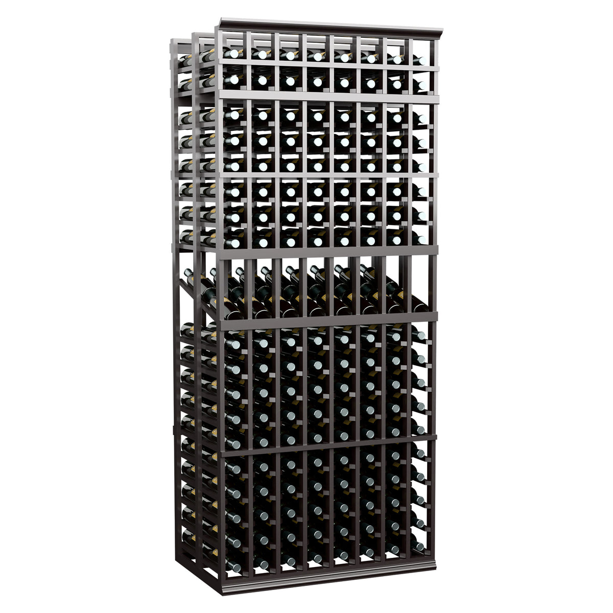 8-column double-deep wine display rack with black metal frame and multi-level bottle racks