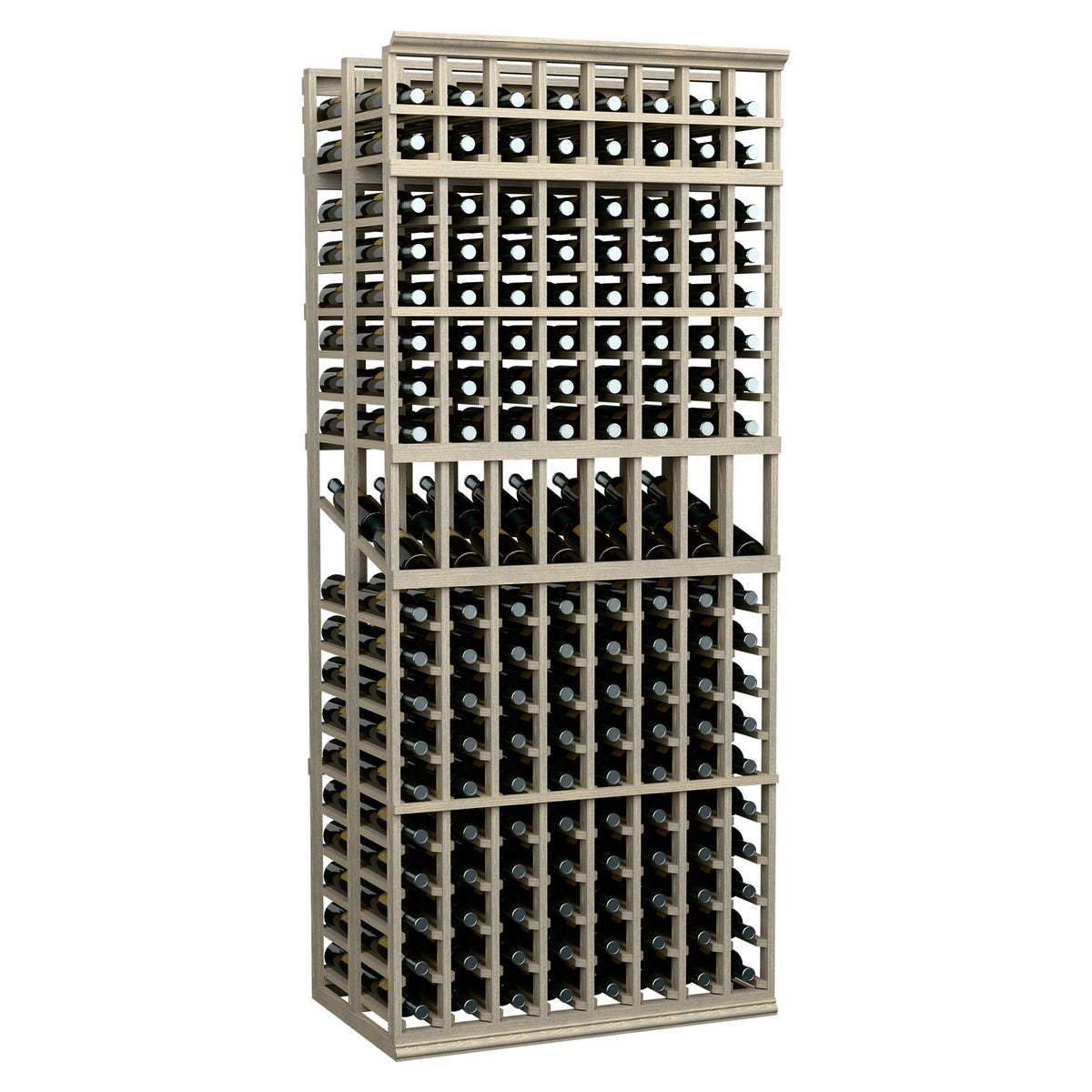 8-column double-deep wine display rack, 7 ft, whitewashed wood frame with bottle slots