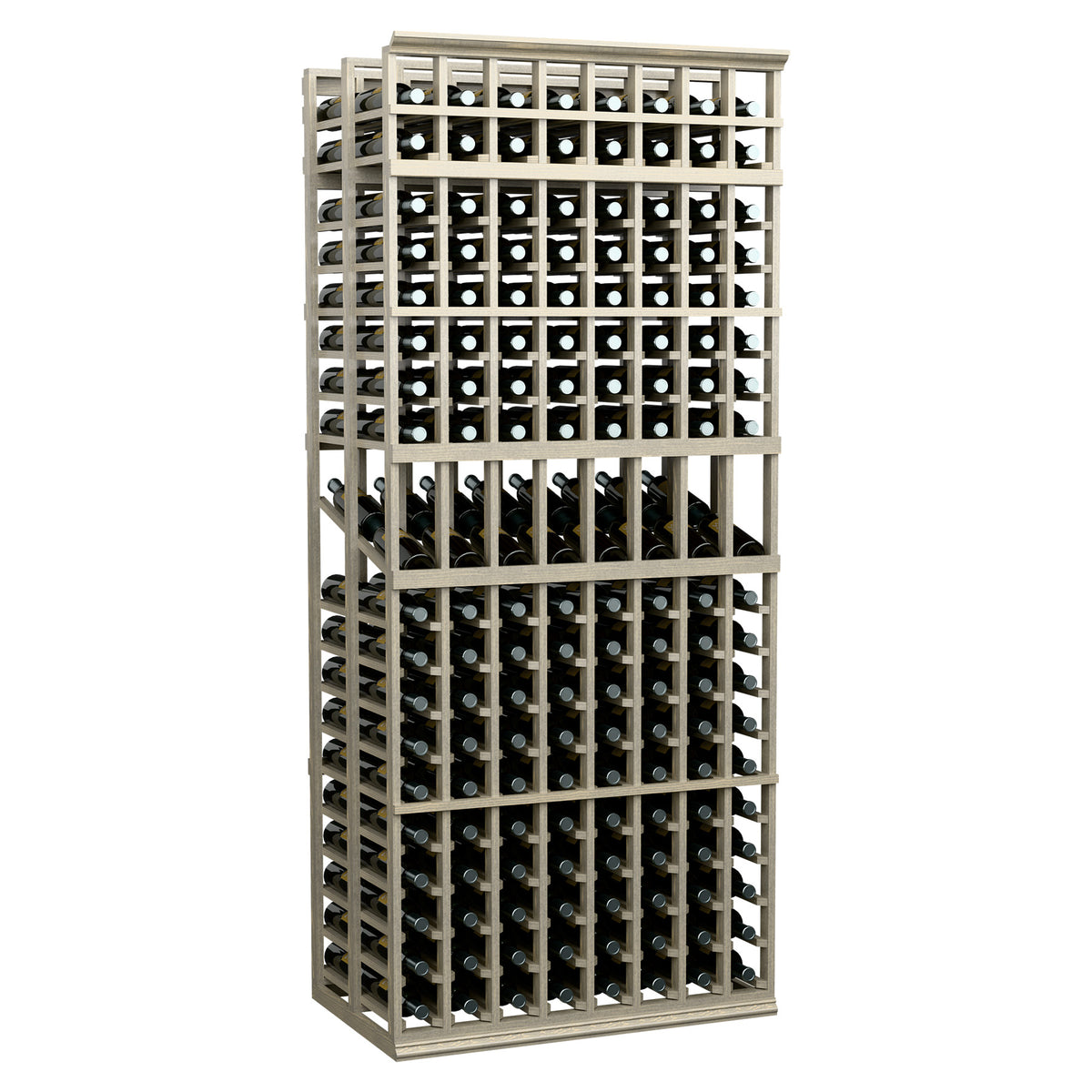 8-column double-deep wine display rack, 7 ft, whitewashed wood frame for wine bottles
