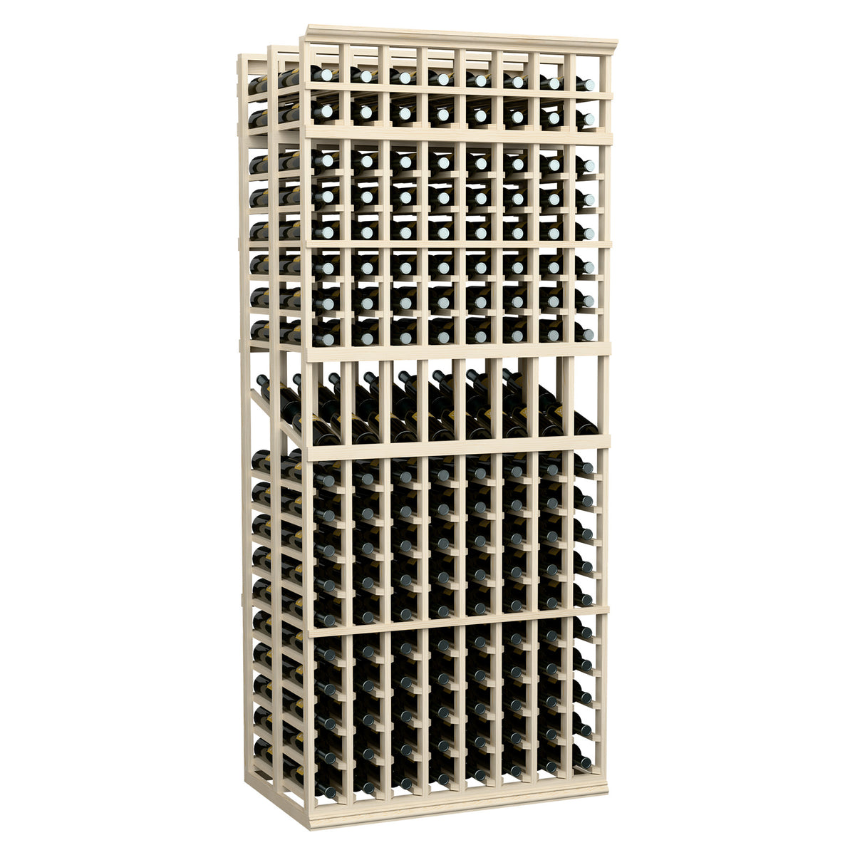 8-column double-deep wine display rack, 7 ft, whitewashed wood wine bottle grid
