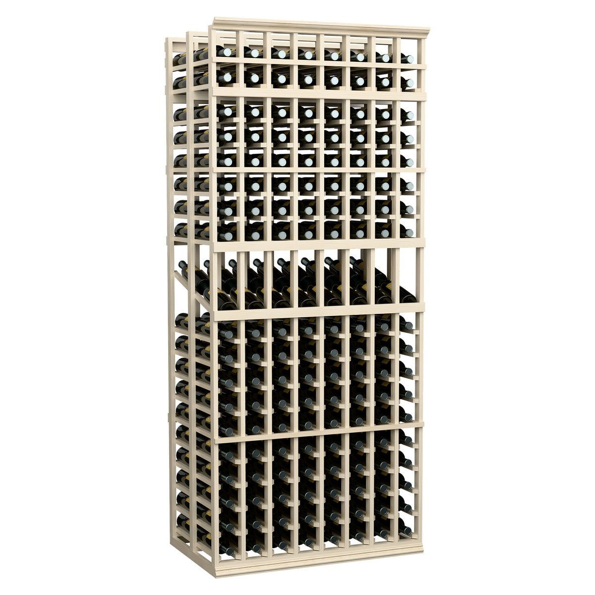 8-column double-deep wine display rack, 7 ft, whitewashed wood shelves with wine bottle rows