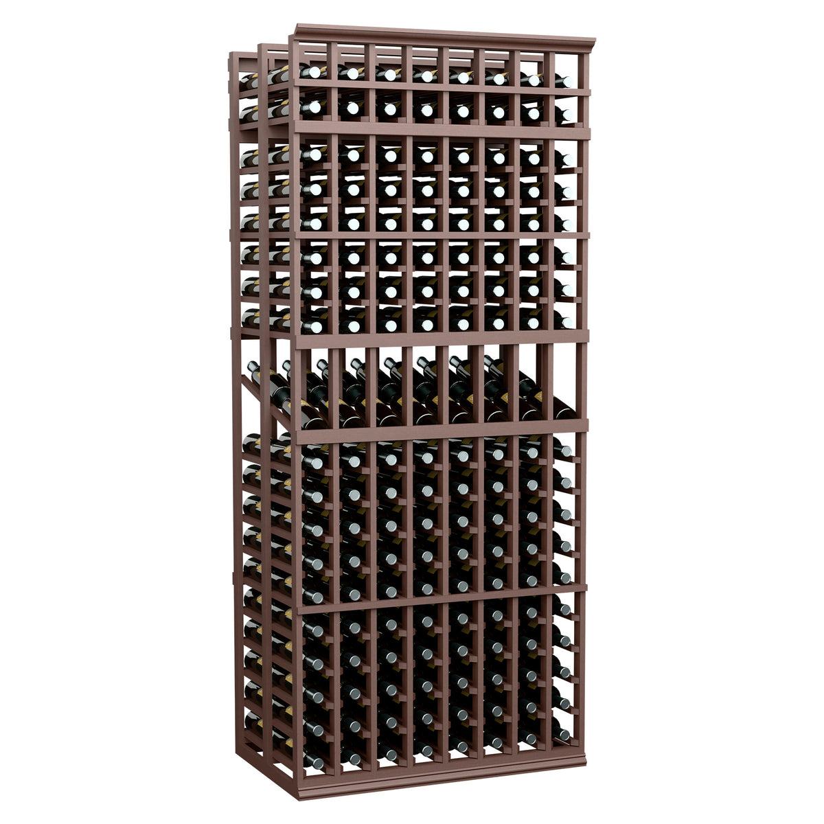 8-column double-deep wine display rack, 7 ft, dark walnut wood frame with bottle slots