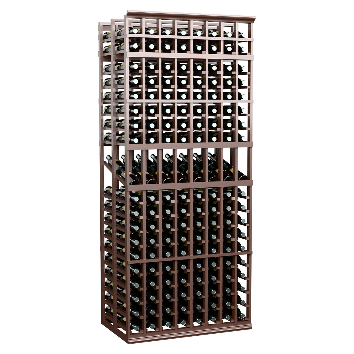 8-column double-deep wine display rack, 7 ft, dark walnut wood wine bottle grid