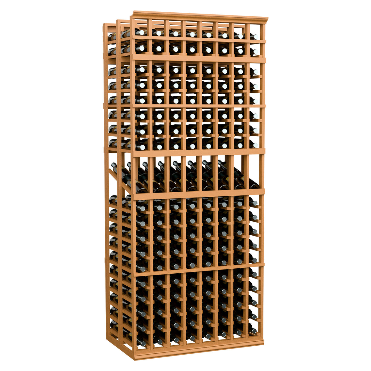 8-column double-deep wine display rack, 7 ft, natural wood frame with wine bottle slots