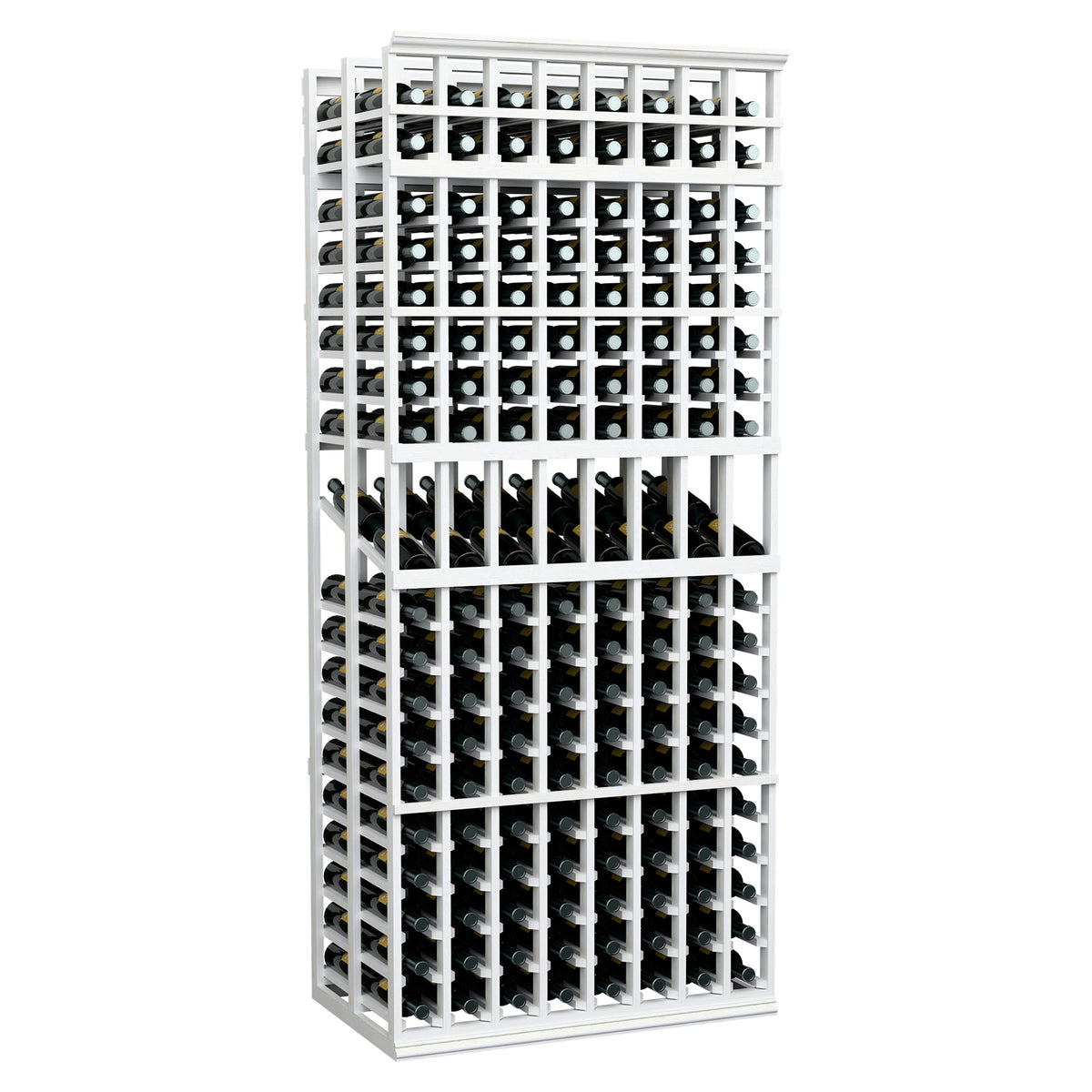 8-column double-deep wine display rack, 7 ft, white painted frame with bottle cubbies