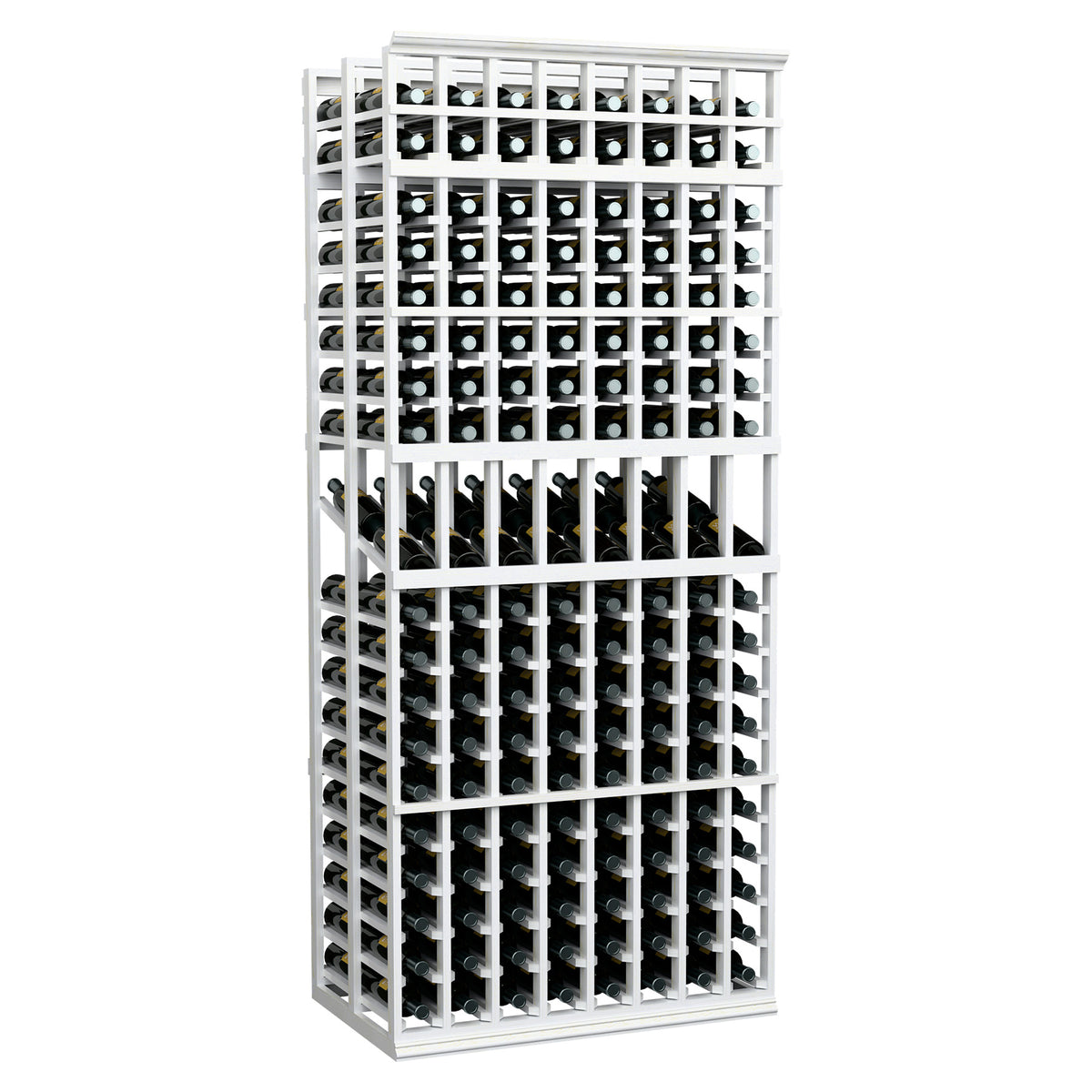 8-column double-deep wine display rack, 7 ft, white painted wood wine bottle display grid