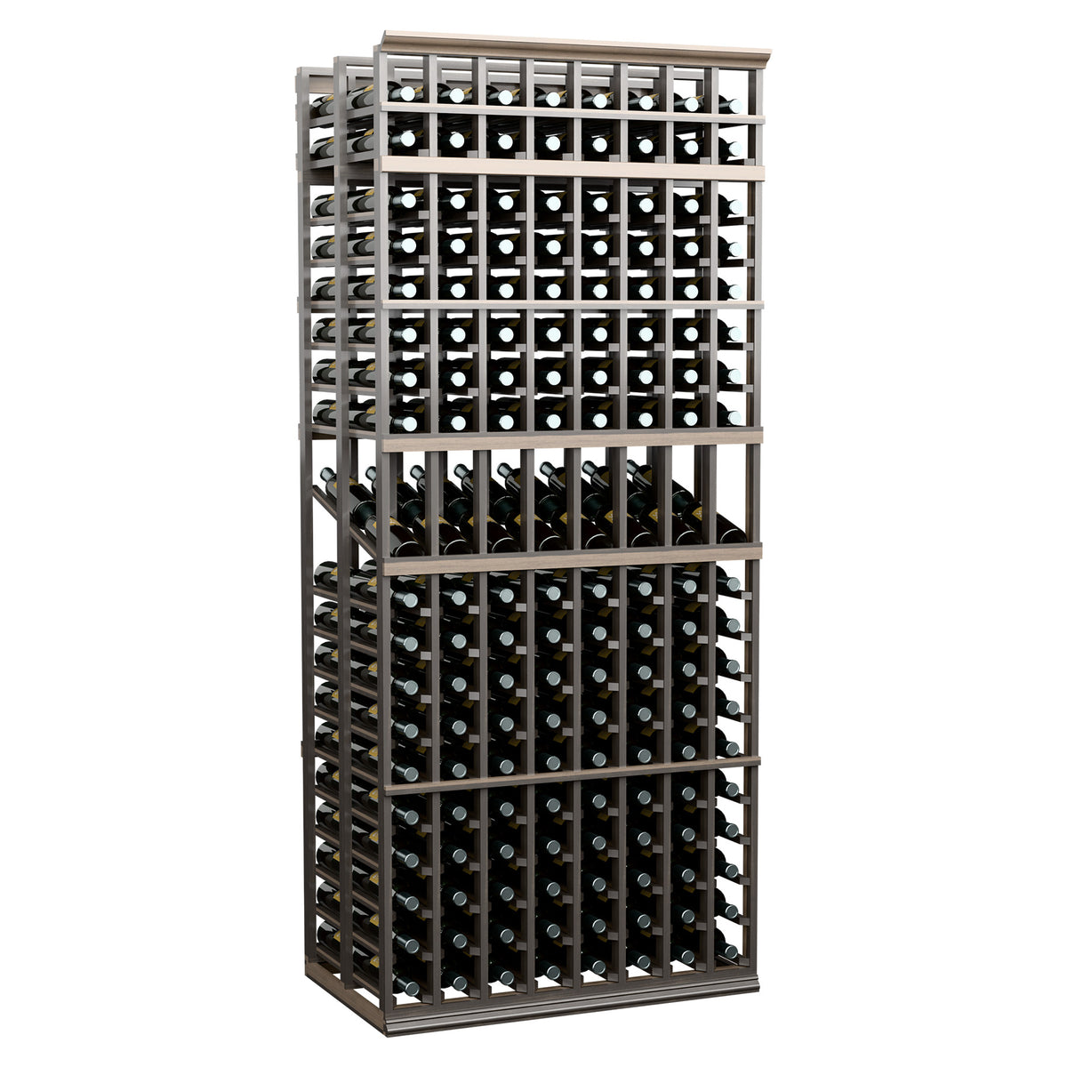 Wine bottle display rack, 8-column double-deep, 7-ft, black frame with bottle slots.