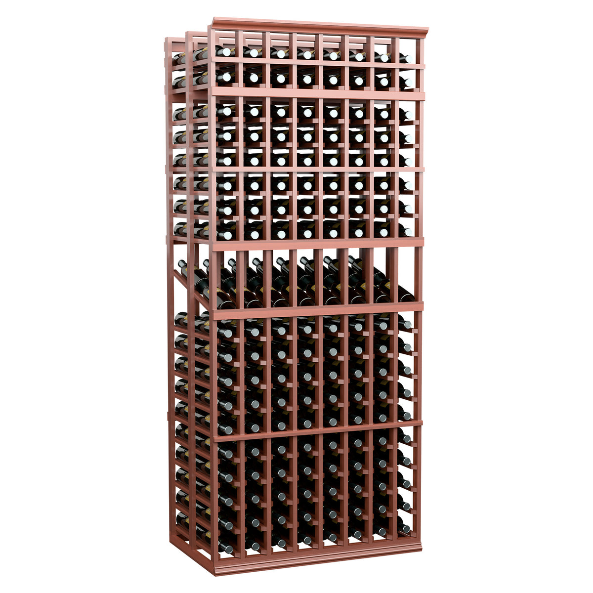 Wine bottle display rack, 8-column double-deep, 7-ft, reddish-brown frame with cubbies.