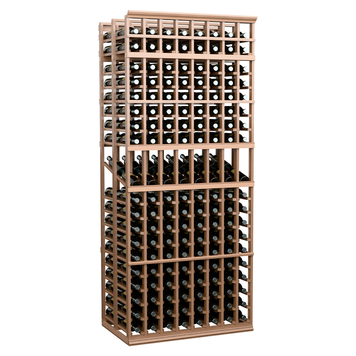 Wine bottle display rack, 8-column double-deep, 7-ft, light wood frame with cubbies.
