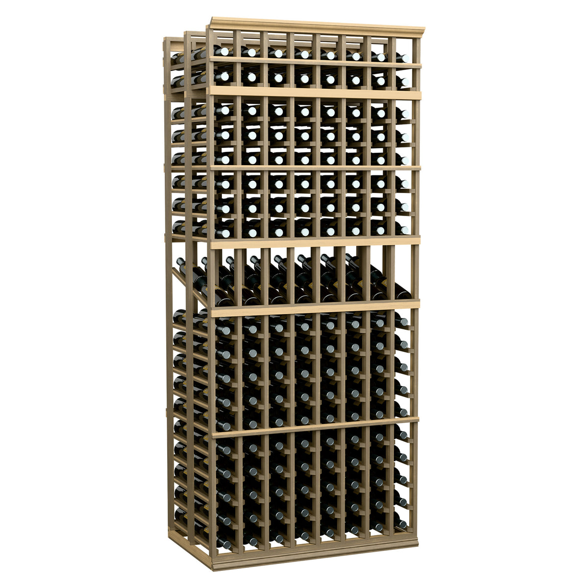 Wine bottle display rack, 8-column double-deep, 7-ft, pale wood frame with bottle slots.