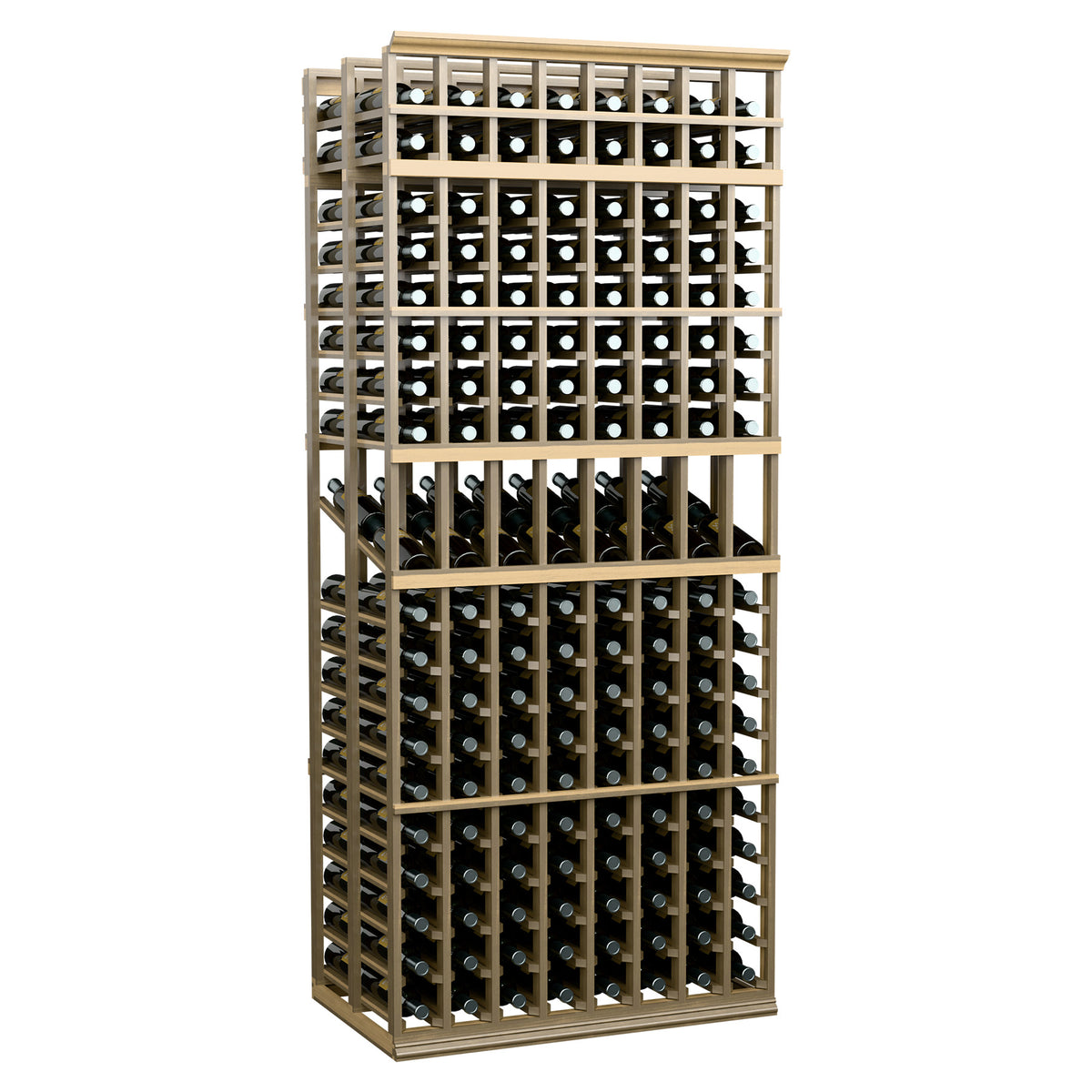 Wine bottle display rack, 8-column double-deep, 7-ft, pale wood frame with cubbies.