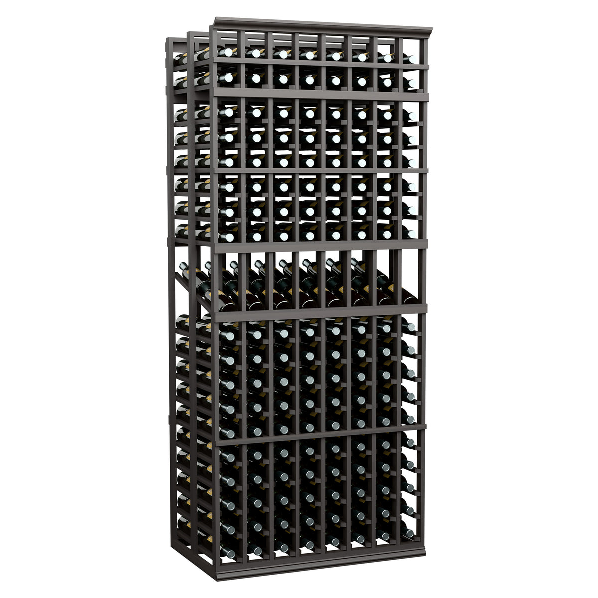 Wine bottle display rack, 8-column double-deep, 7-ft, dark gray frame with bottle slots.