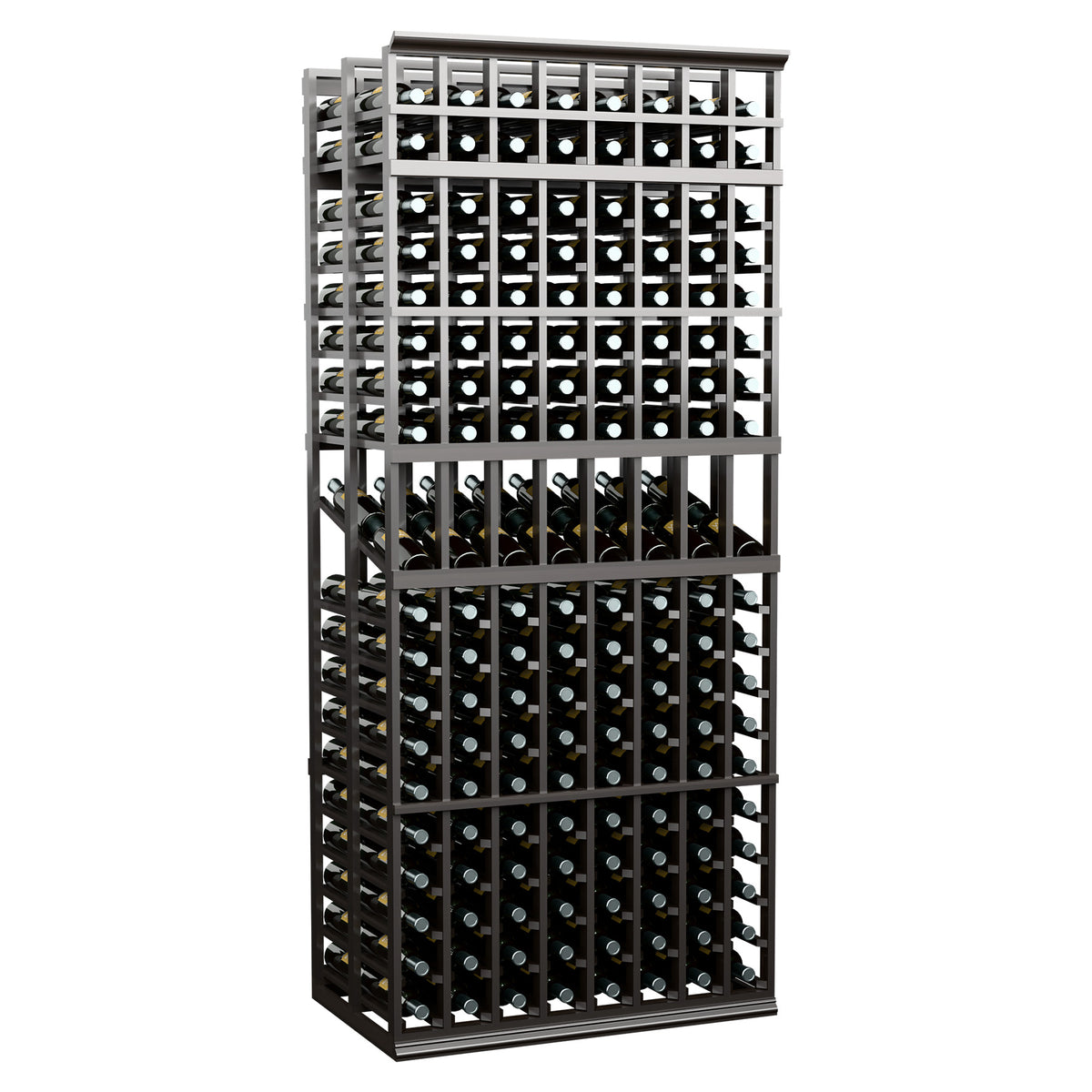 Wine bottle display rack, 8-column double-deep, 7-ft, dark gray frame with cubbies.