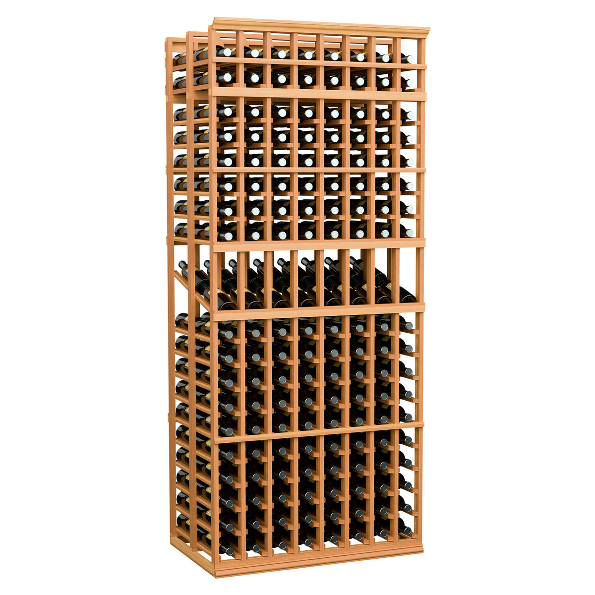 8 column double deep wine rack with warm wood frame and bottle storage grid