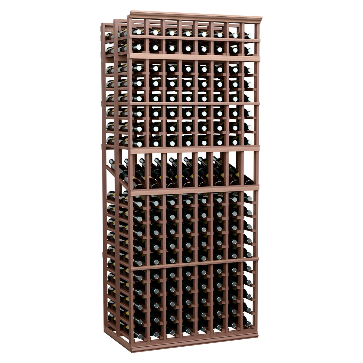 8 column double deep wine rack with dark wood frame and bottle cubby storage