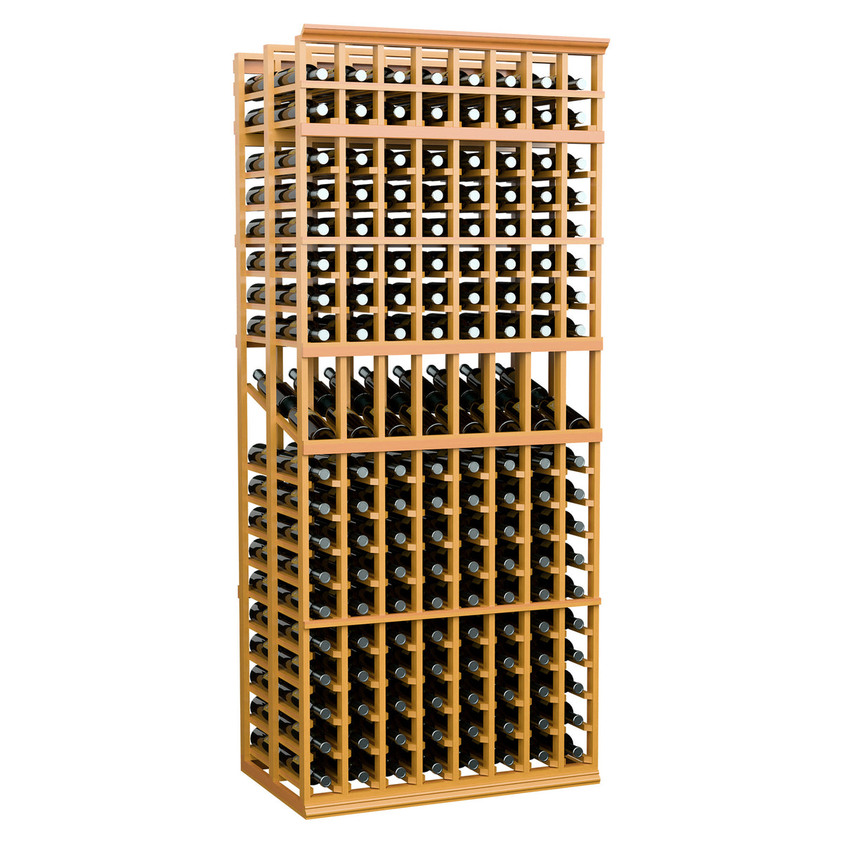 8 column double deep wine display rack with light amber wood frame and bottle storage rows