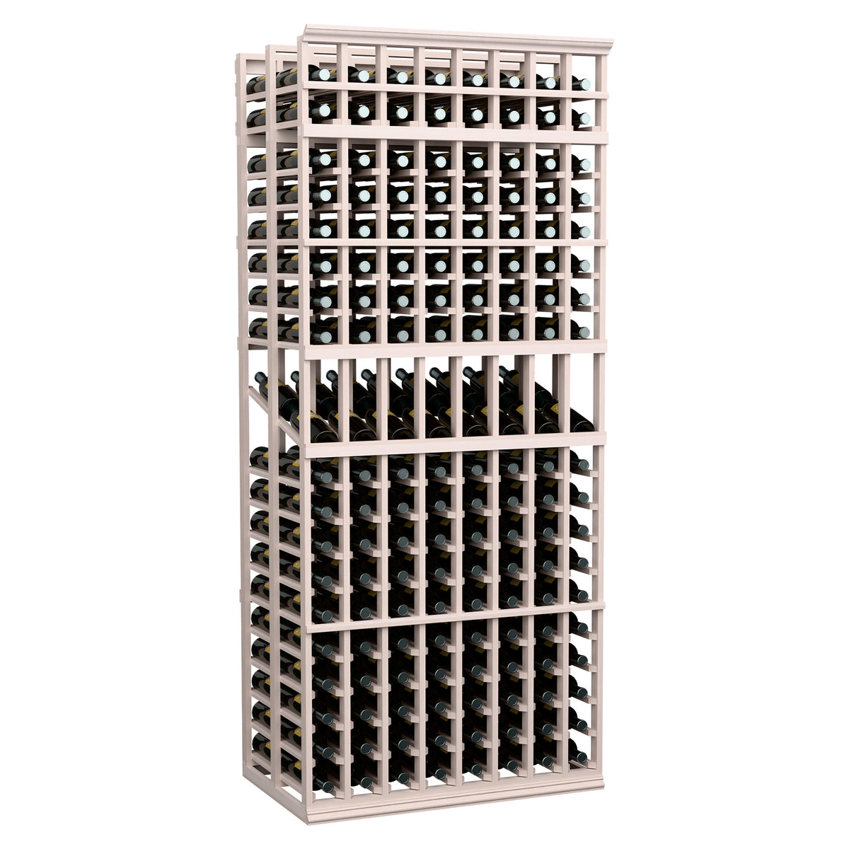 8 column double deep wine rack with gray-stained wood frame and bottle grid openings