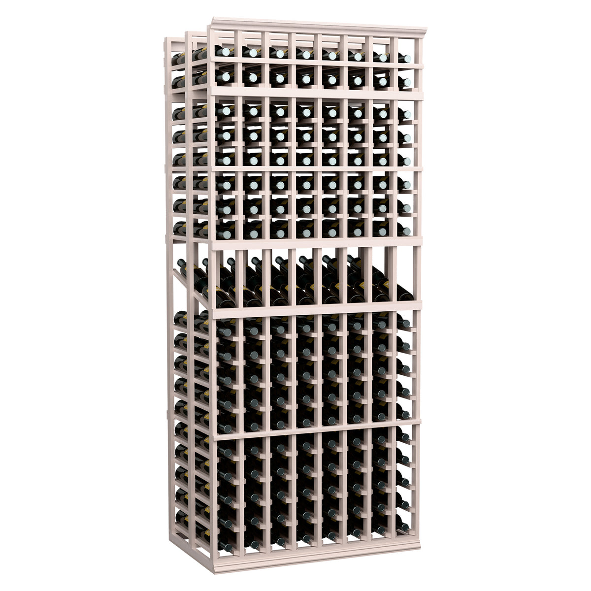 8 column double deep wine rack with cool gray wood frame and multi-row bottle slots