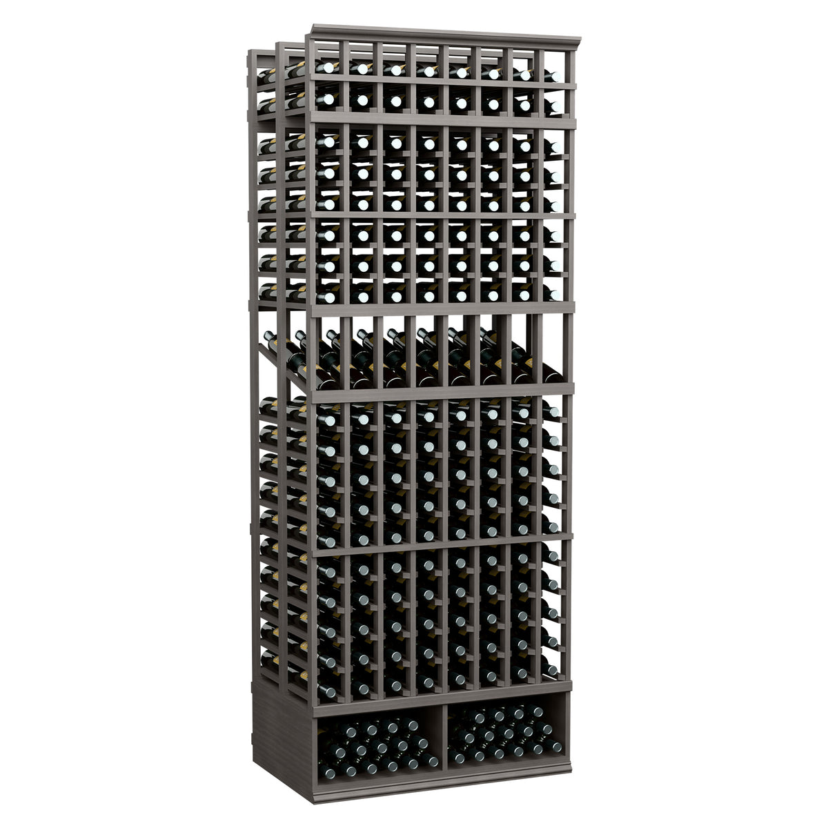 8-column double-deep wine bottle display rack with bottle slots, dark gray-stained wood.