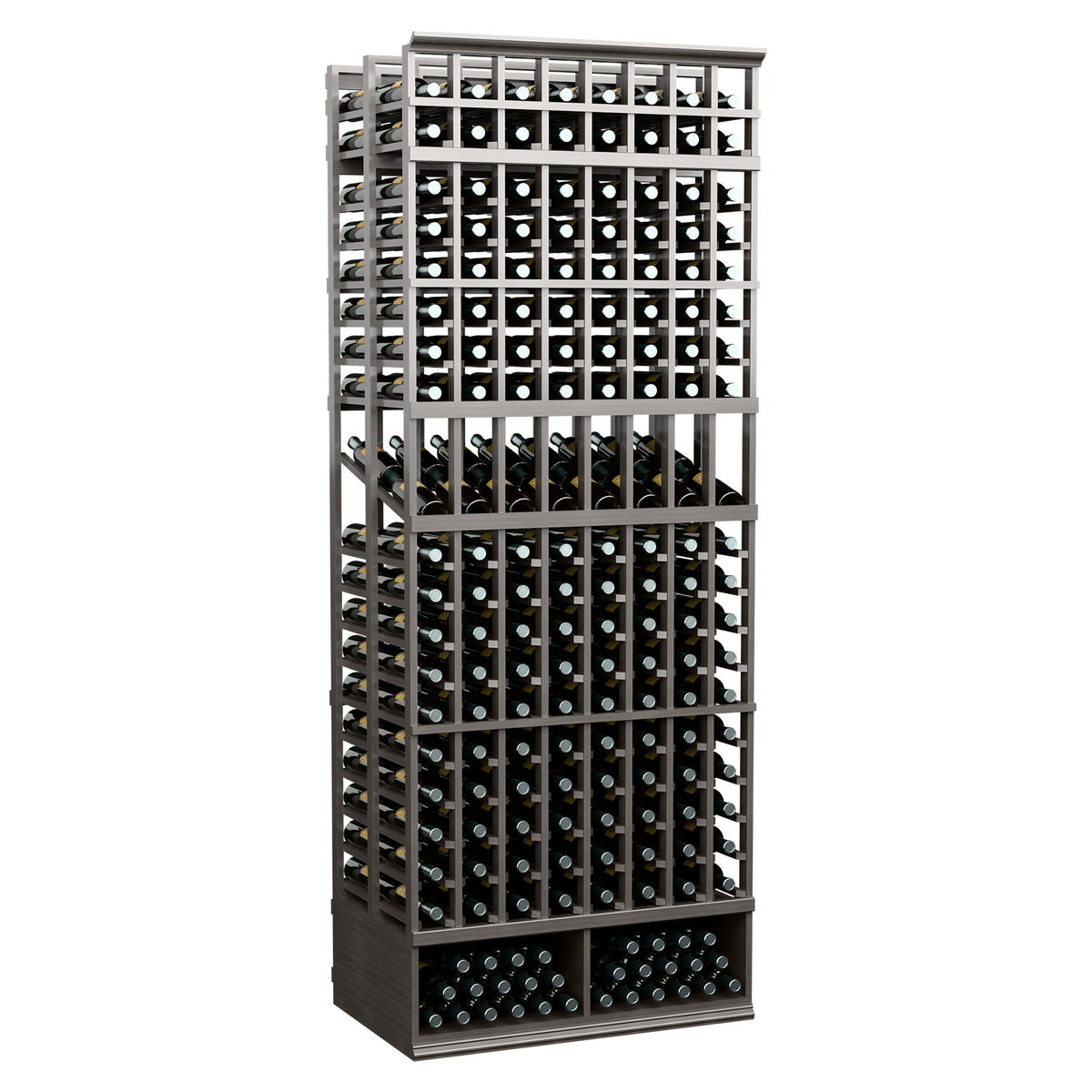 8-column double-deep wine bottle display rack with multiple bottle rows, medium dark wood.