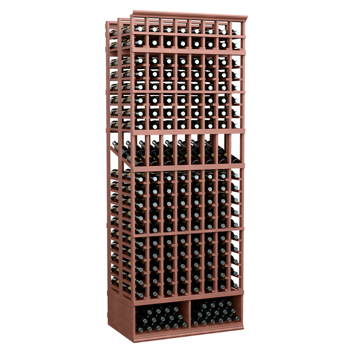 8-column double-deep wine bottle display rack with bottle rows, reddish stained wood frame.
