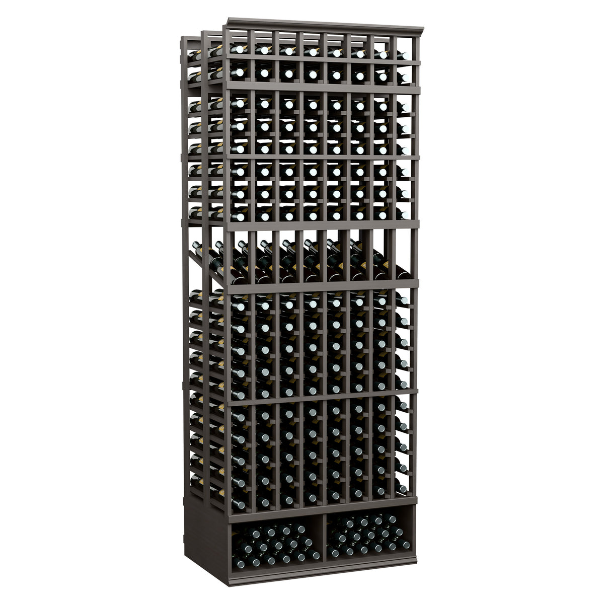 8-column double-deep wine bottle display rack with bottle rows, dark espresso-stained wood.