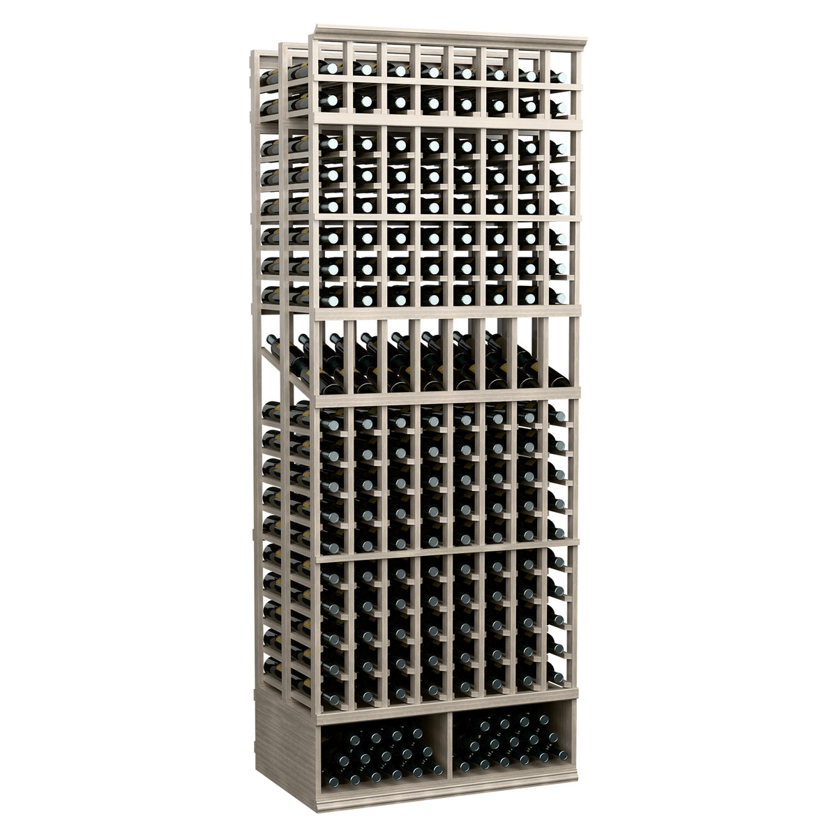 8-ft double deep wine display rack, white frame front view with bottle rows