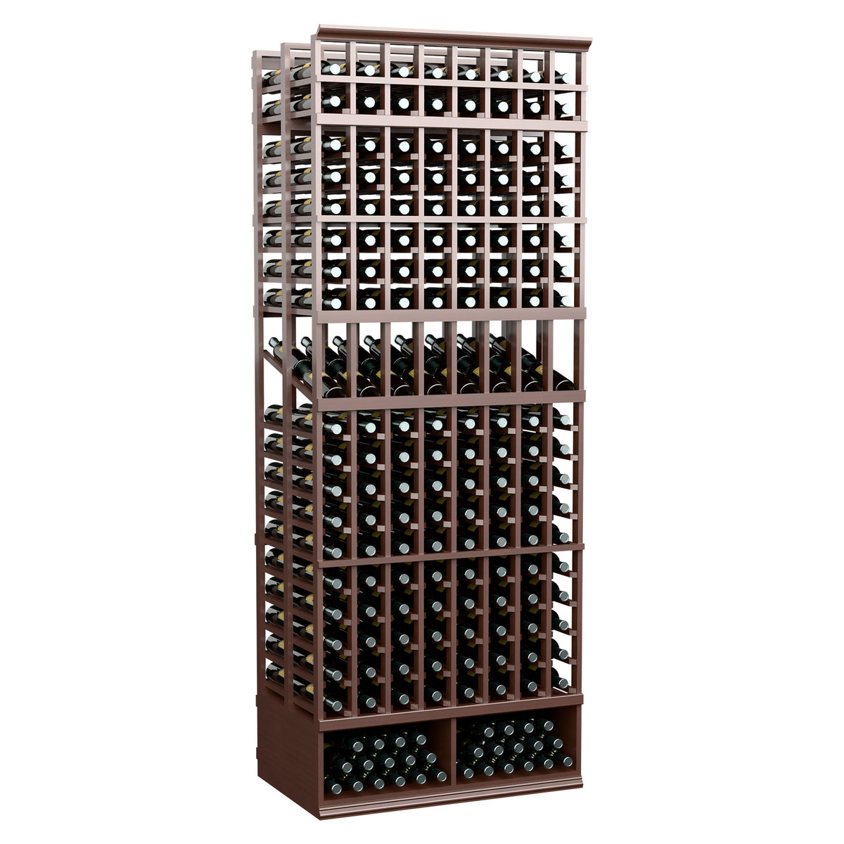8-ft double deep wine display rack, dark brown frame with bottle rows