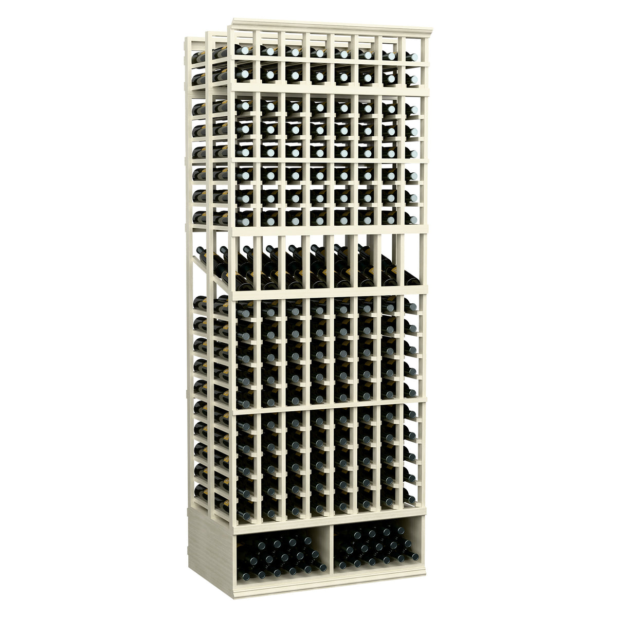 Light wood 8-column double-deep wine bottle display rack with front grid bottle slots