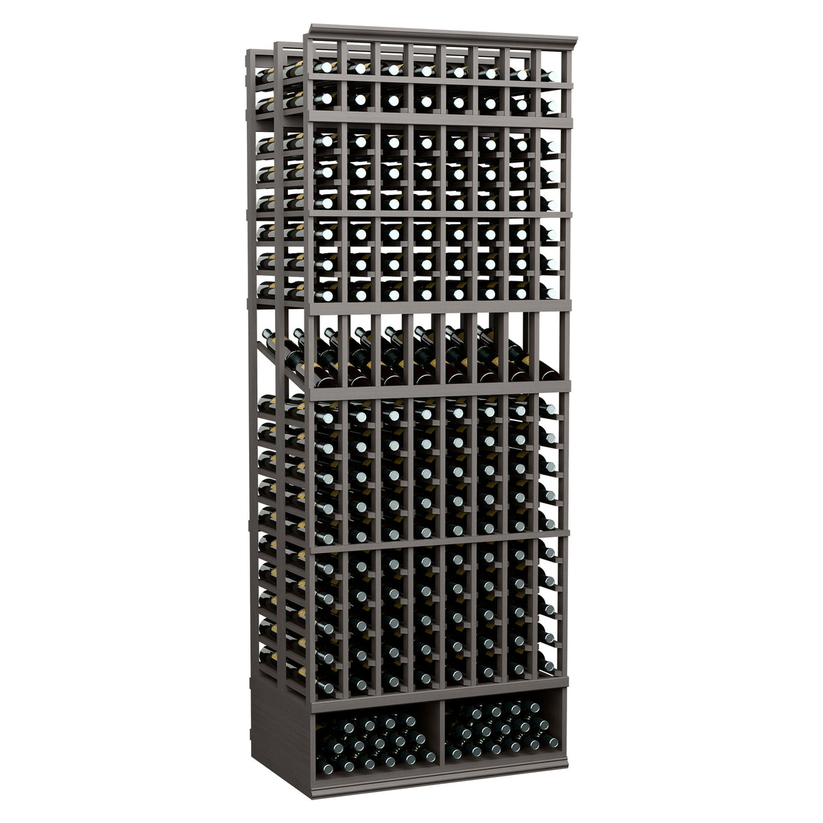 Dark gray 8-column double-deep wine bottle display rack with front grid bottle slots