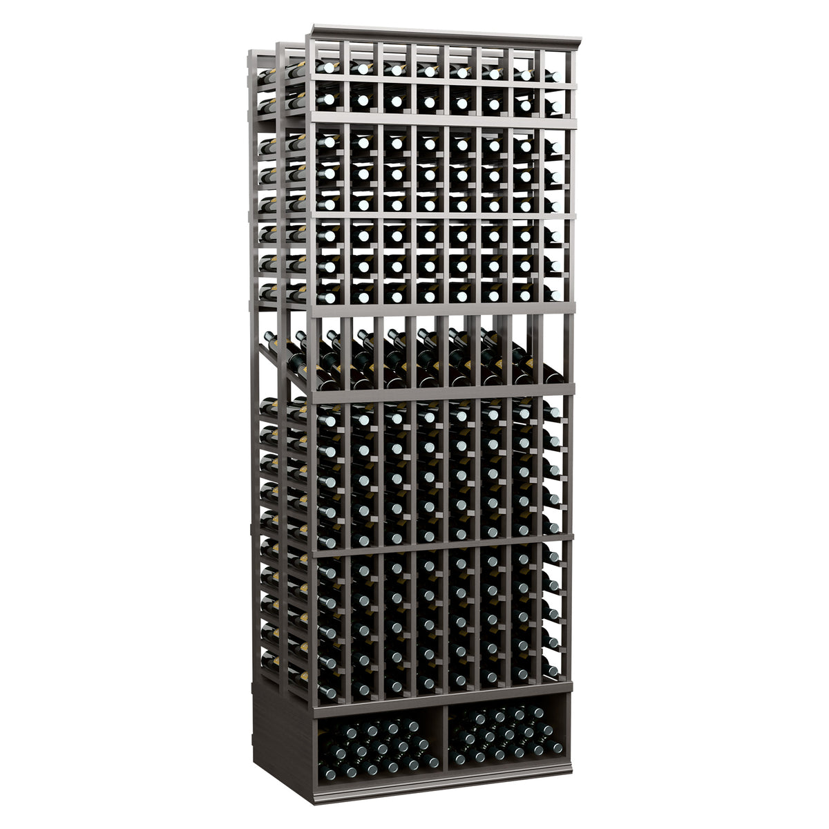 Black 8-column double-deep wine bottle display rack with stacked front bottle compartments