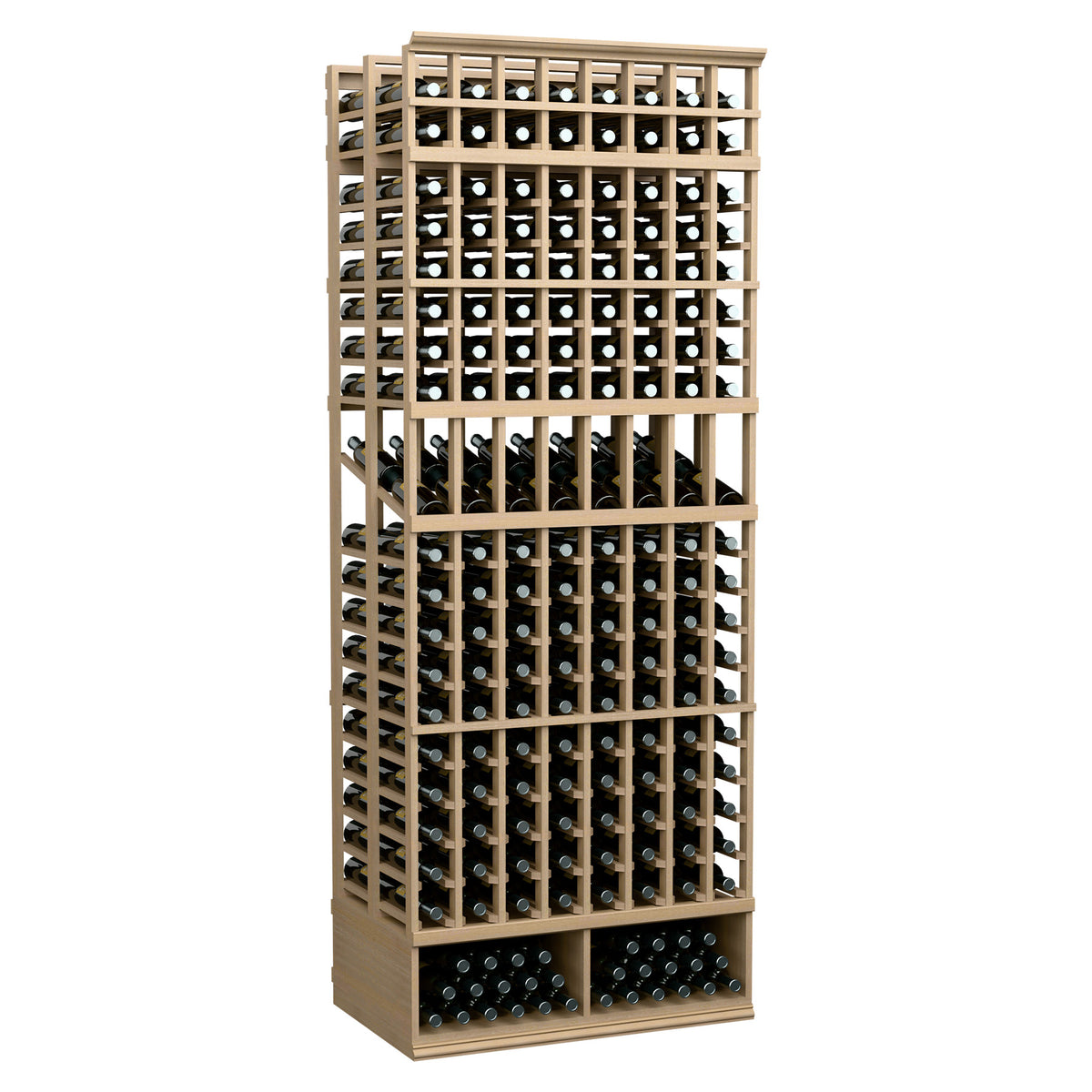 Light wood 8-column double-deep wine bottle display rack, angled front with grid bottle slots